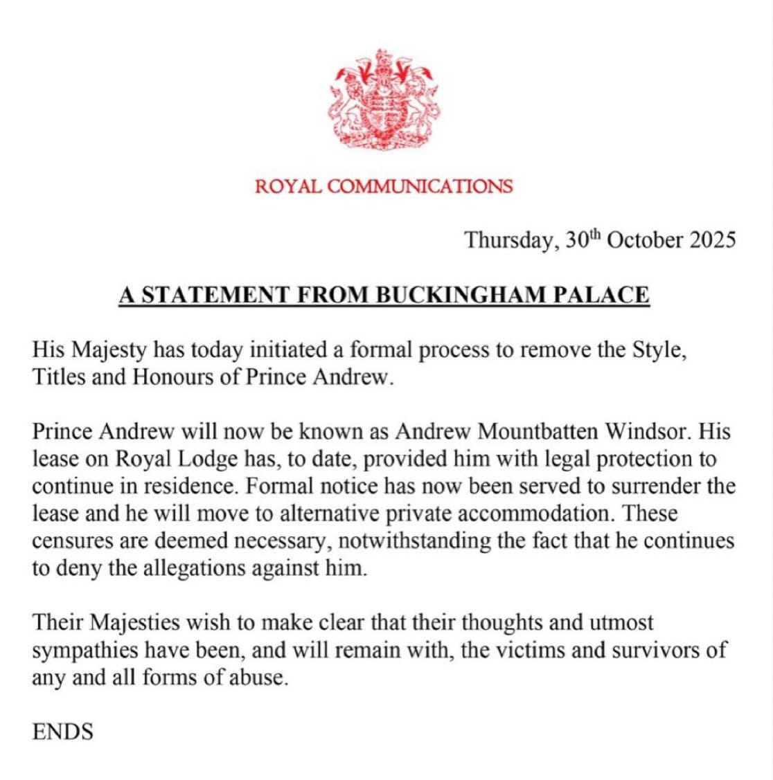  Prince Andrew Stripped of All Royal Titles and Evicted