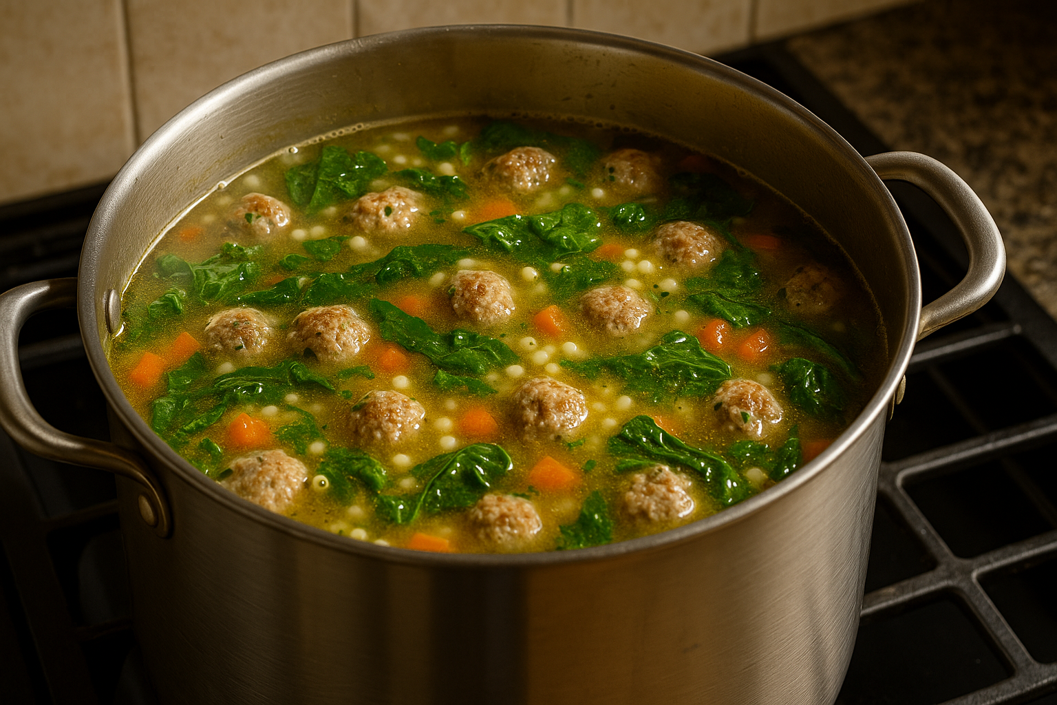 A pot of soup simmering on the stove.