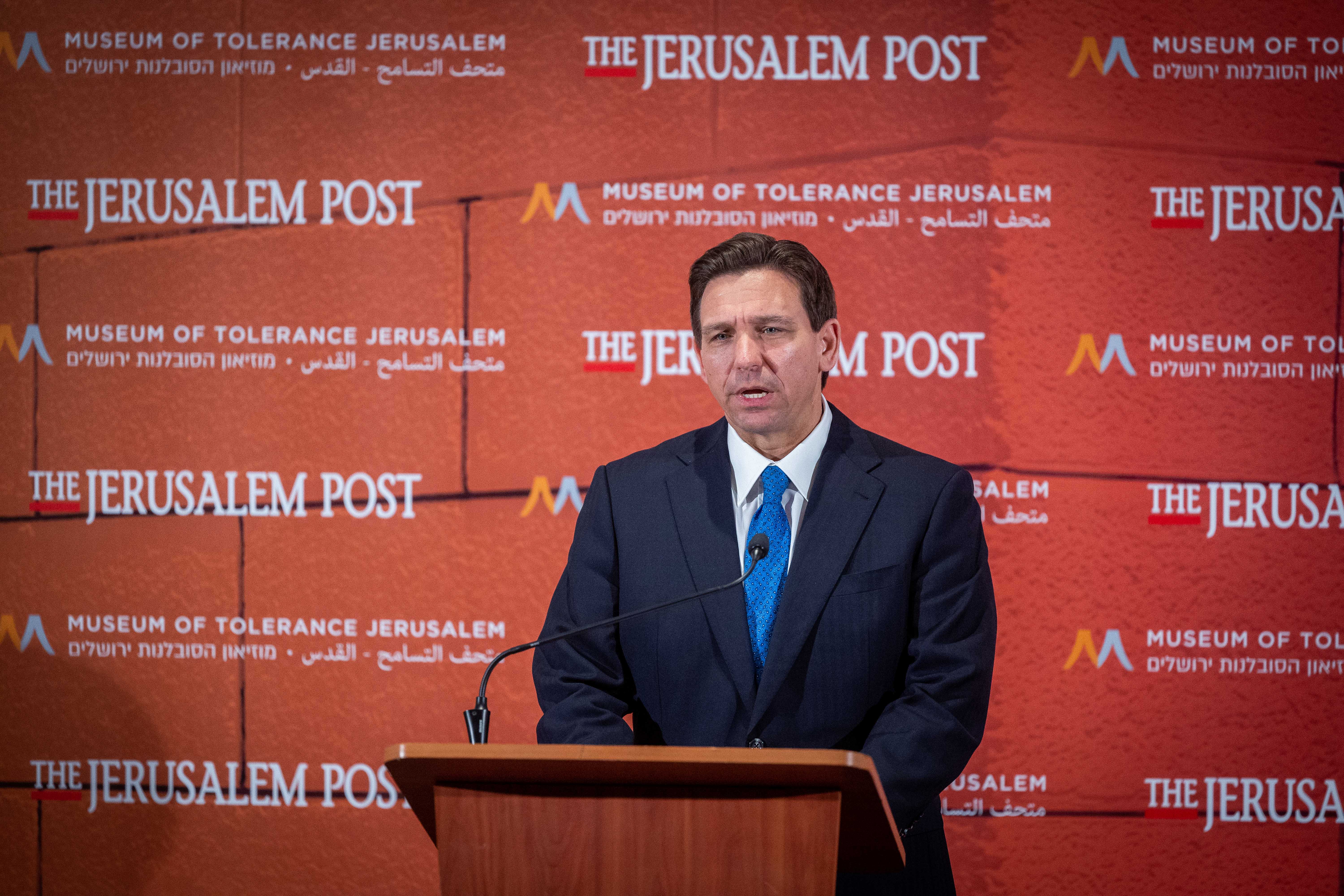 Florida Gov. Ron DeSantis attends a press conference at the Museum of Tolerance in Jerusalem, April 27, 2023. 