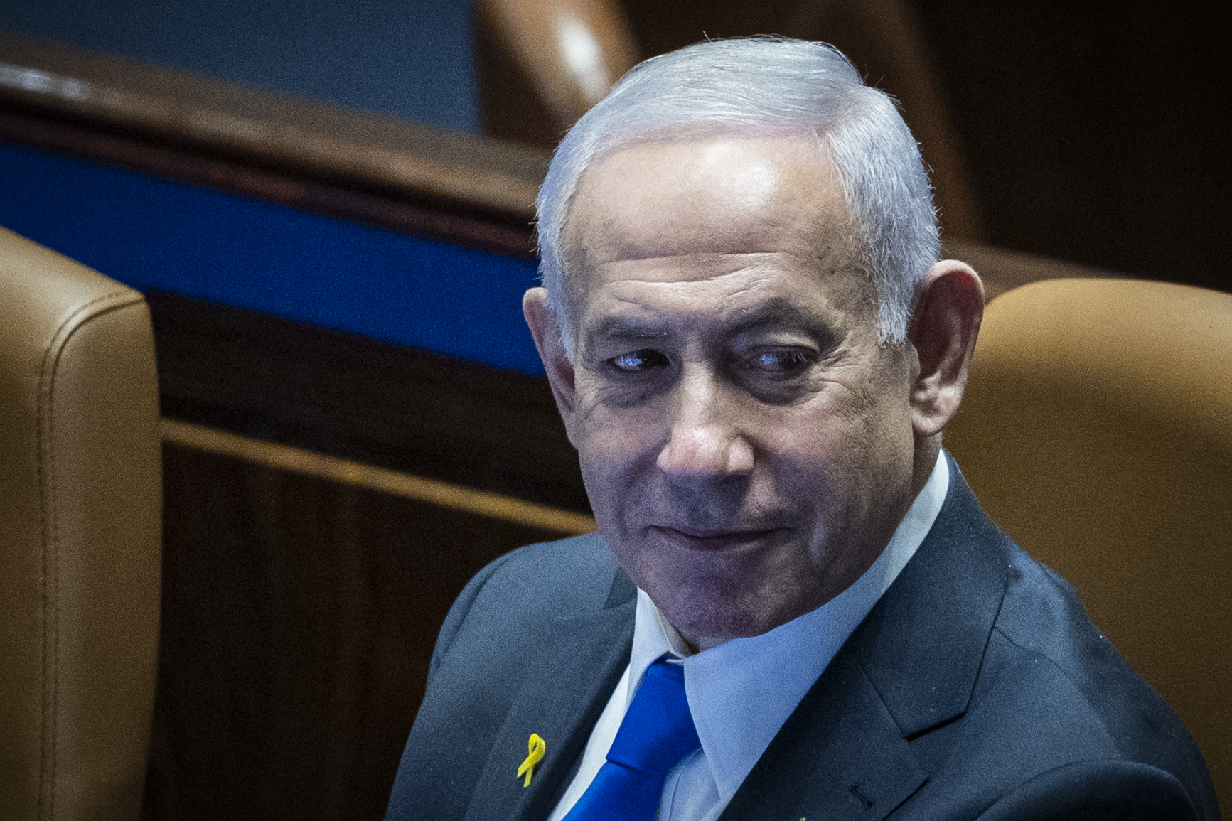 Israeli Prime Minister Benjamin Netanyahu at a 40 signatures debate, at the plenum hall of the Knesset, the Israeli parliament in Jerusalem, on December 8, 2025.