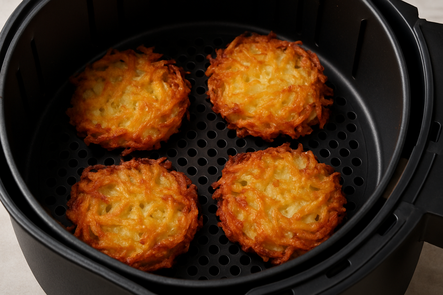 Crispy golden latkes nestled in the air fryer basket.