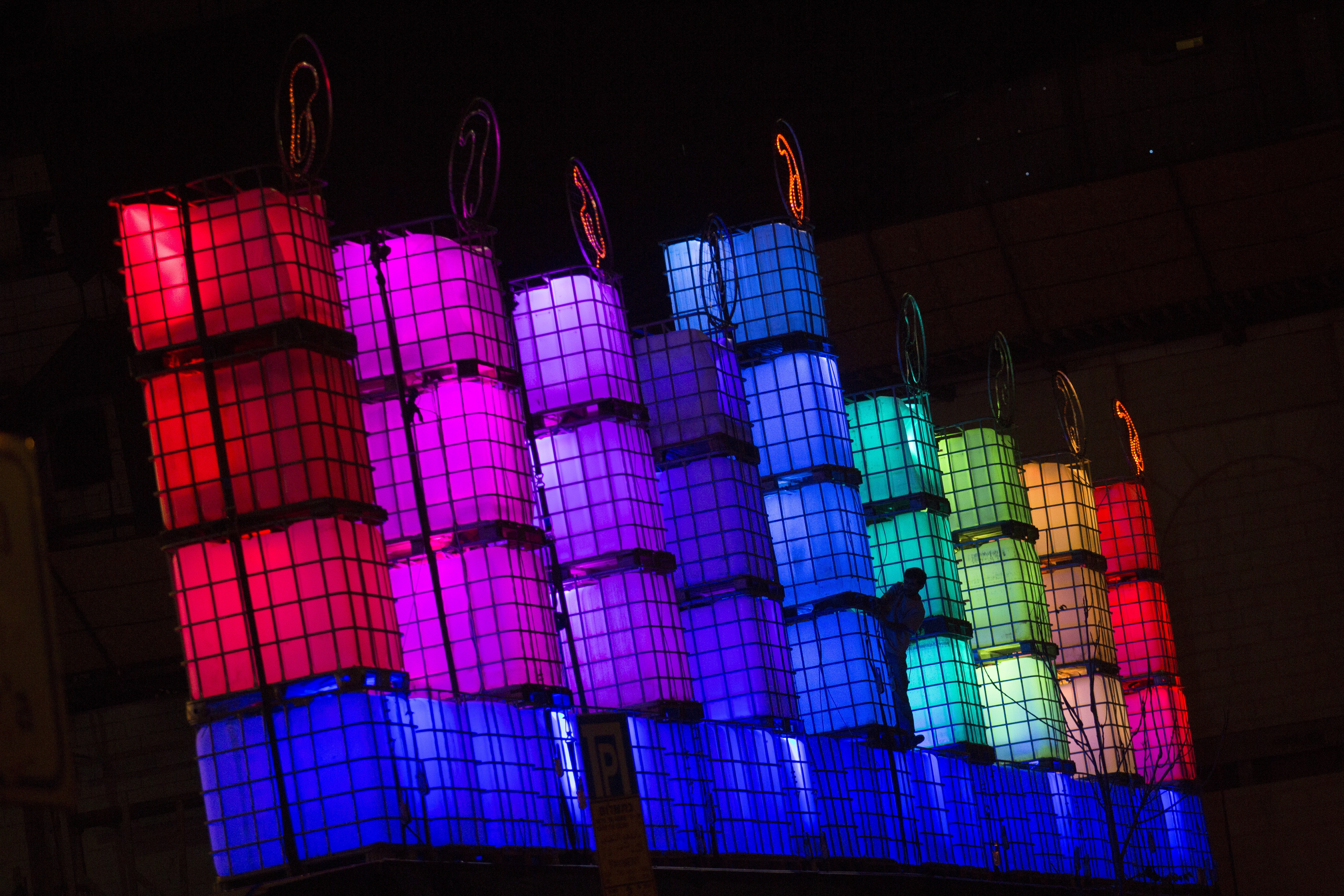 A large Hanukkia is lit in central Jerusalem, during the Jewish holiday of Hanukkah, on December 7, 2015. Hanukkah, also known as the Festival of Lights, is an eight-day Jewish holiday commemorating the rededication of the Holy Temple. The festival is observed by the kindling of the lights of a 'hanuckia'- a nine-branched candelabrum, with one additional light being lit on each night of the holiday. 