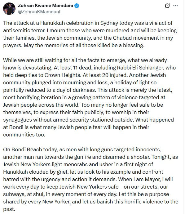 Beyond Belief: Mamdani Condemns Sydney Attack But Calls Terrorists "Men With Long Guns"