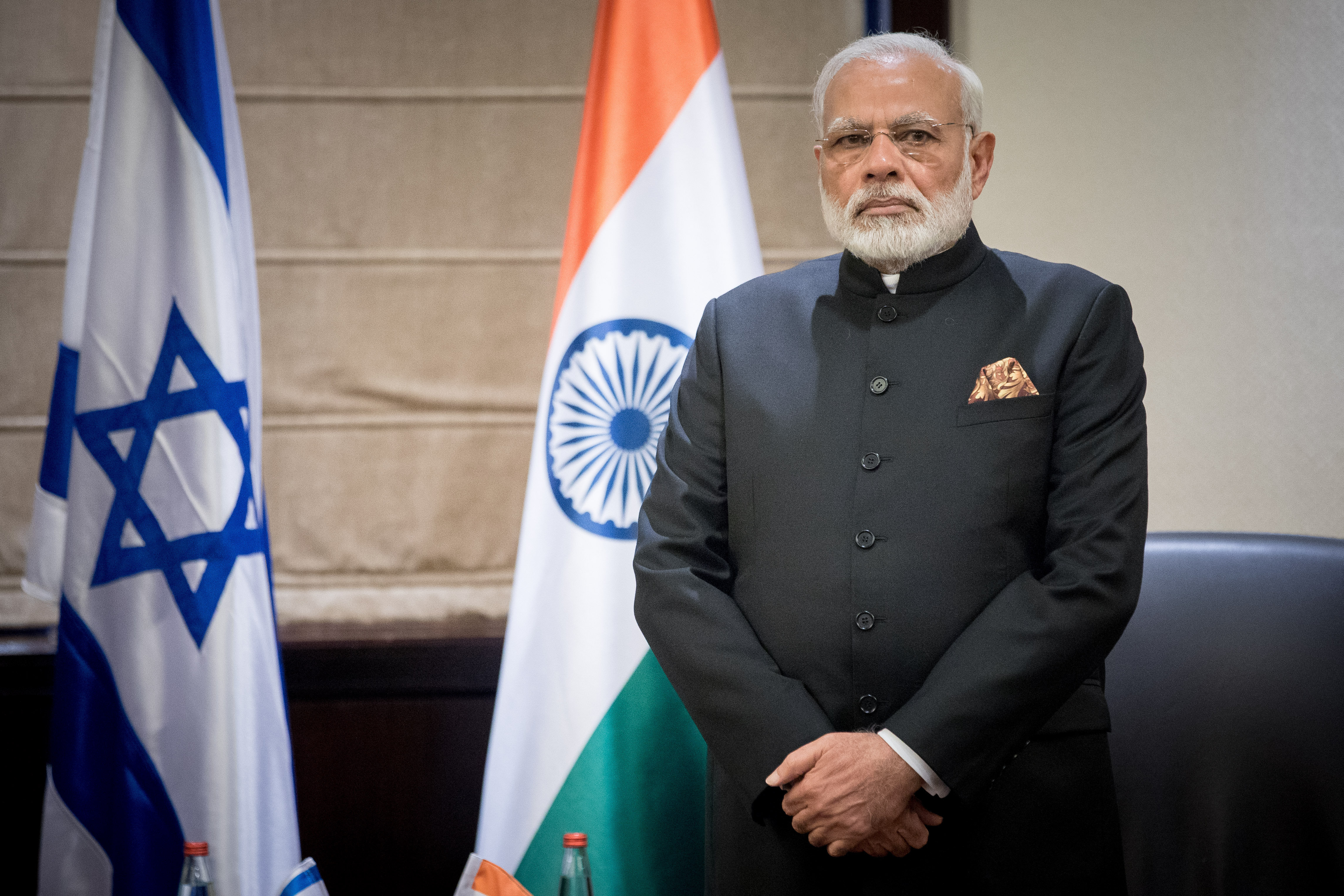 Indian Prime Minister Narendra Modi arrives for a meeting with leader of opposition Isaac Herzog at the King David Hotel in Jerusalem, July 5, 2017. 