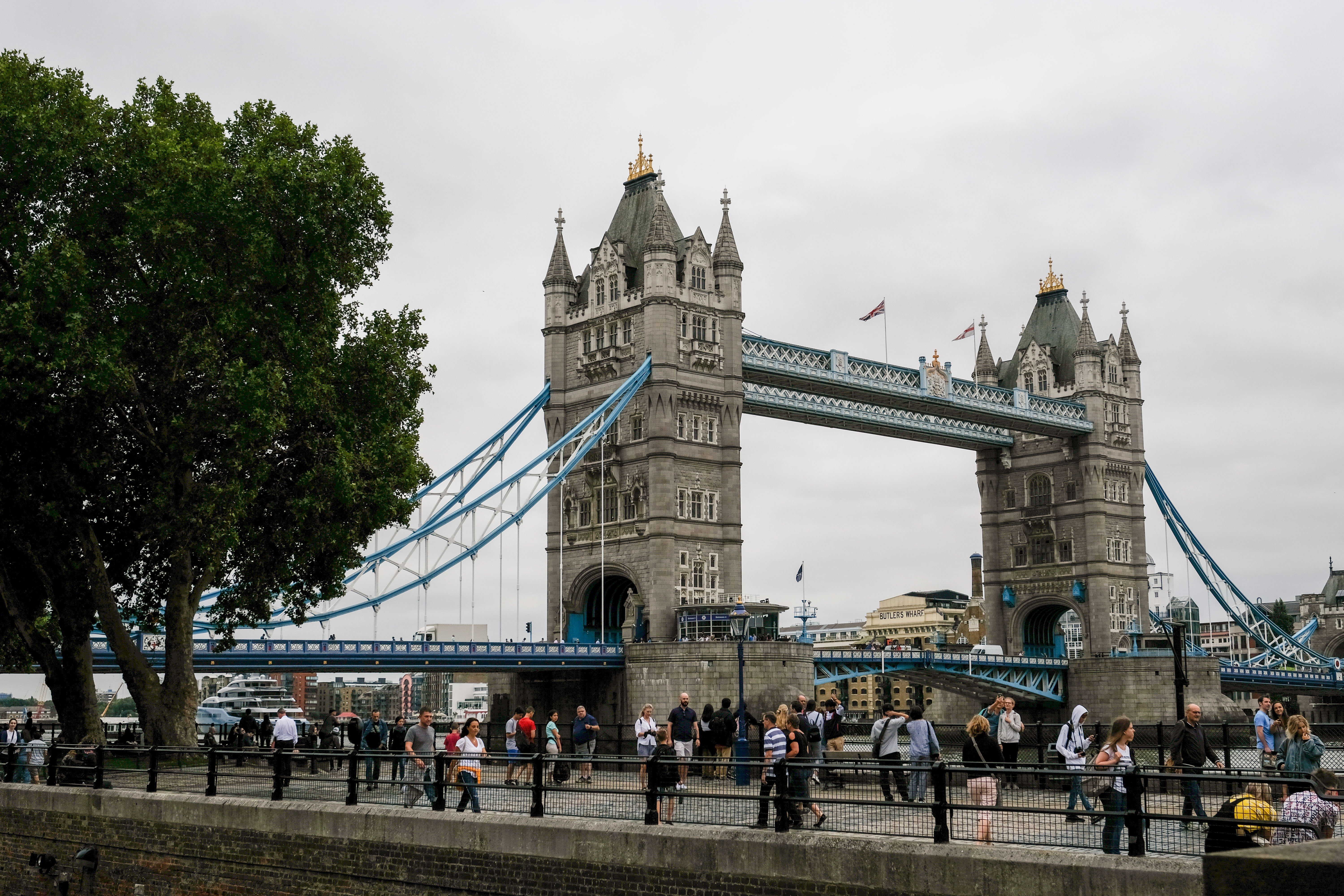 View of the Tower Bridge by the river Thames, in London. August 22, 2018. 