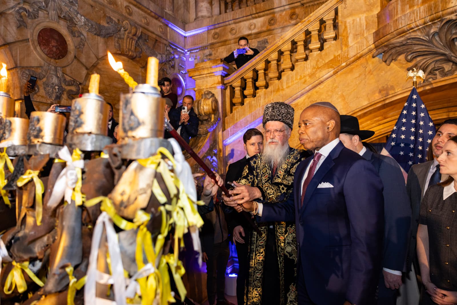 Outgoing NYC Mayor Eric Adams Lights Stunning “Menorah of Hope” at City Hall Hanukkah Event
