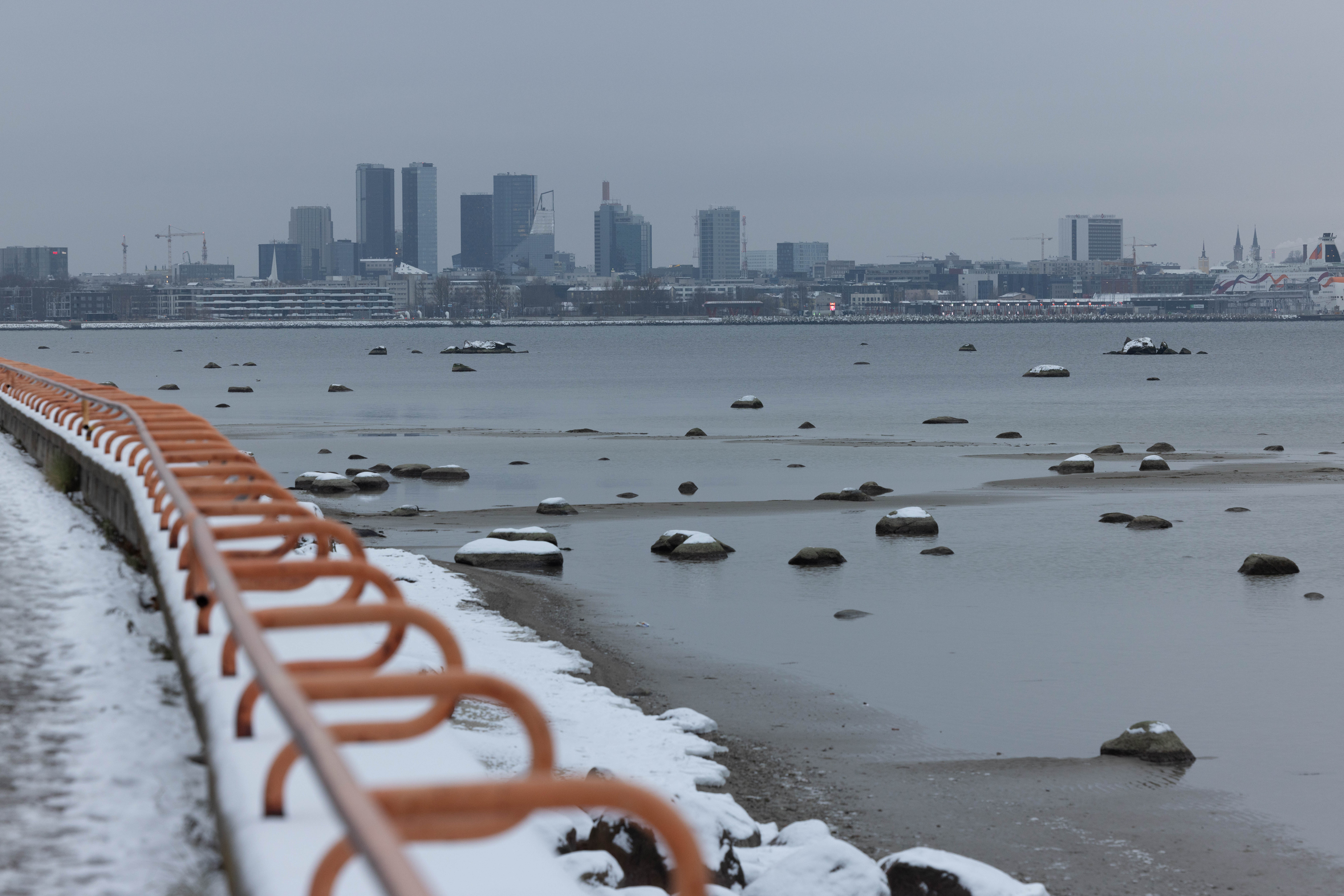 Walking along the water in Tallinn, Estonia, covered in snow. November 25, 2022. 