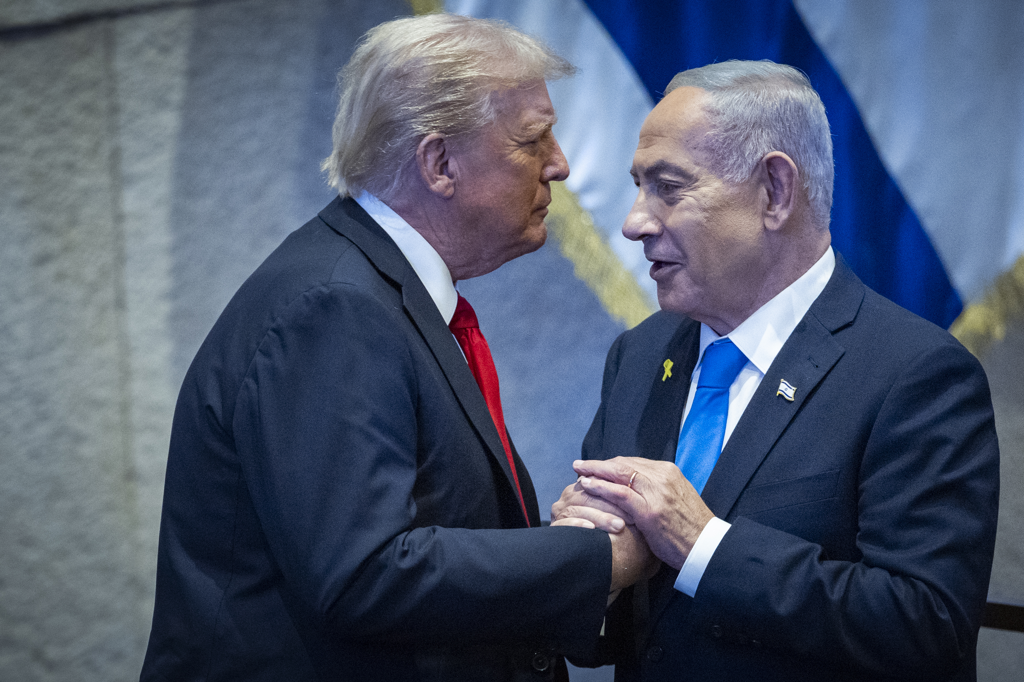 U.S. President Donald Trump with Israeli Prime Minister Benjamin Netanyahu during a special plenum session in honor of President Trump at the Knesset, Israel’s parliament in Jerusalem, on October 13, 2025. 