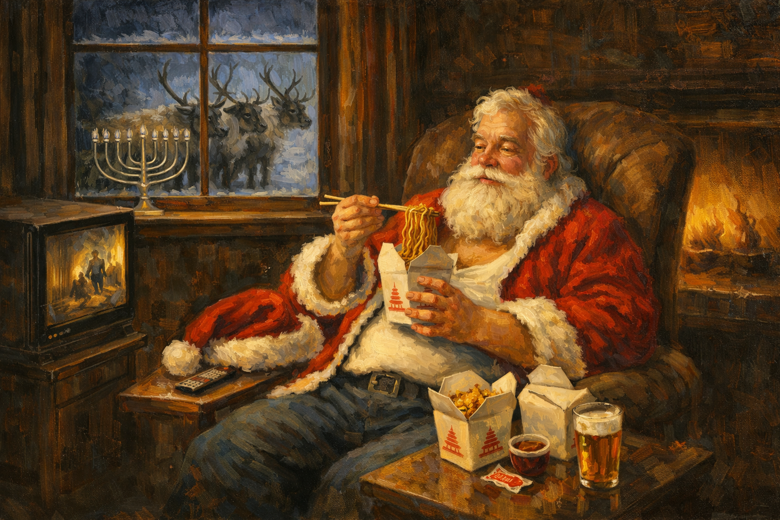 An illustration of Santa eating Chinese food and watching a movie.