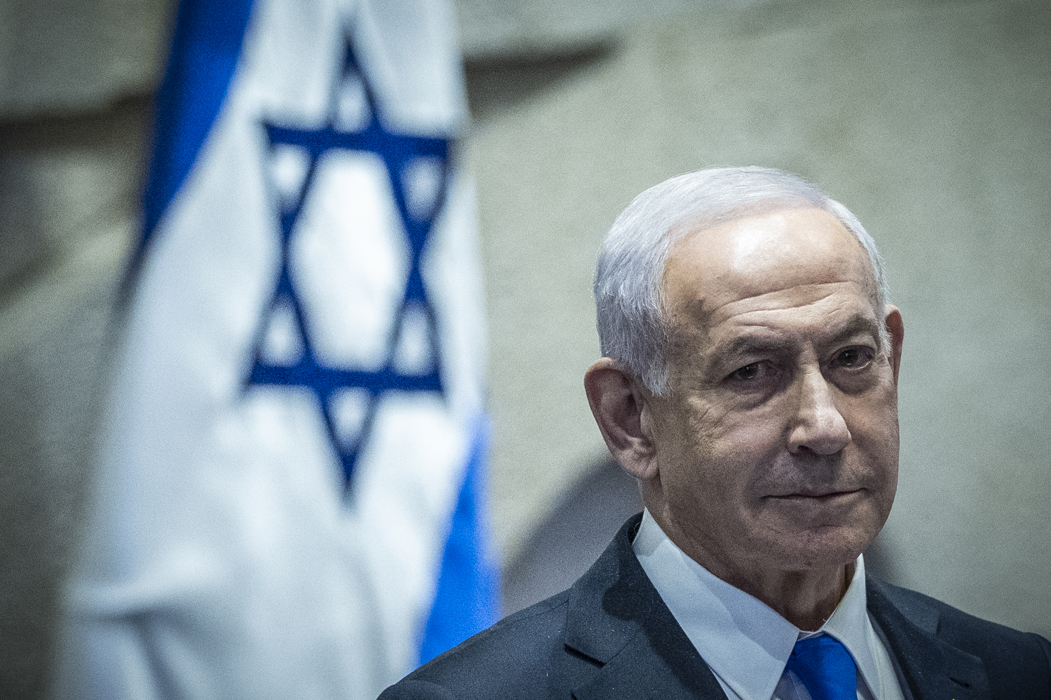 Israeli Prime Minister Benjamin Netanyahu at a 40 signatures debate, at the plenum hall of the Knesset, the Israeli parliament in Jerusalem, on December 8, 2025.