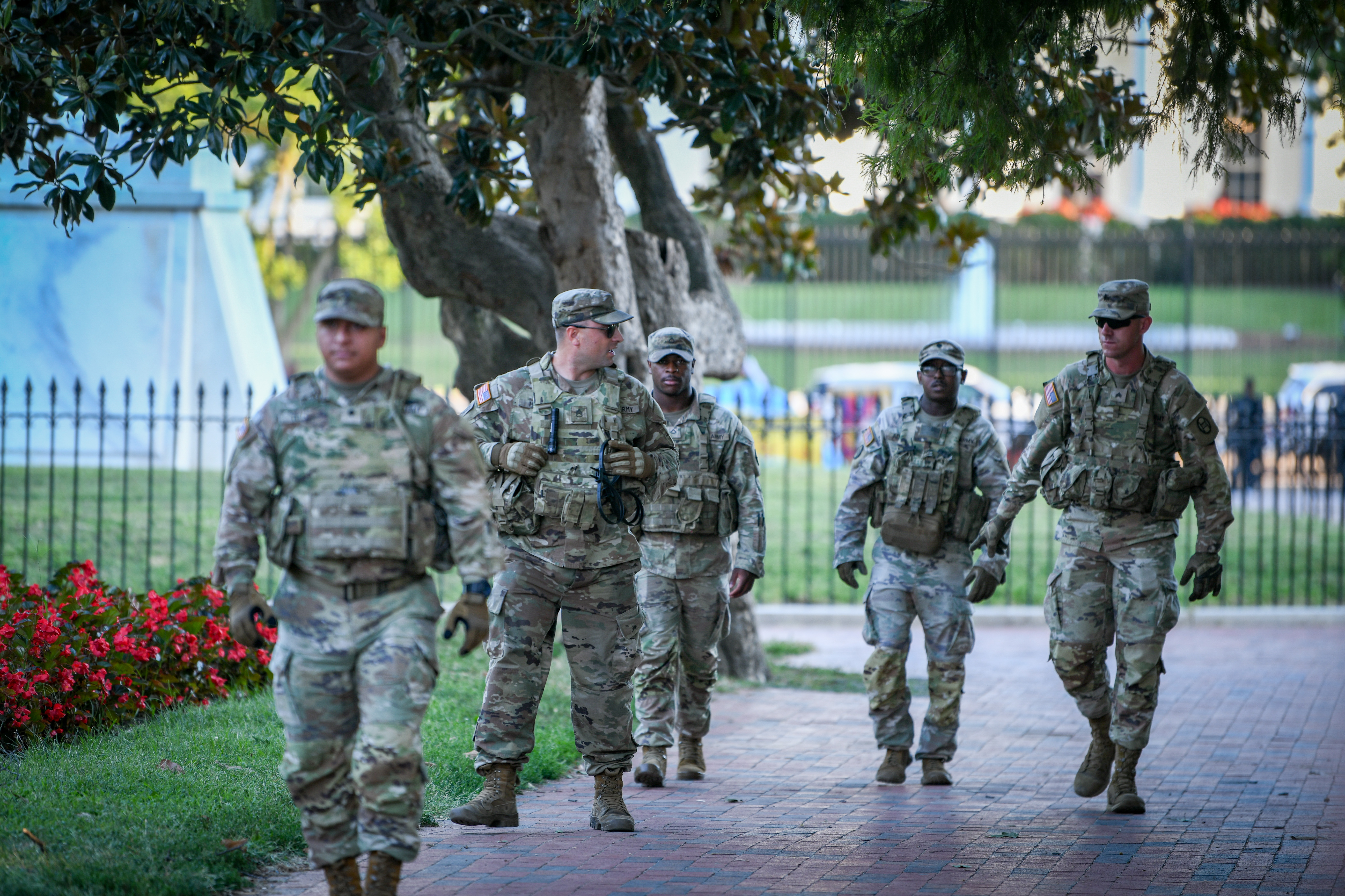 Members of the National Guard guard outside the White House in Washington, DC, on August 25, 2025.