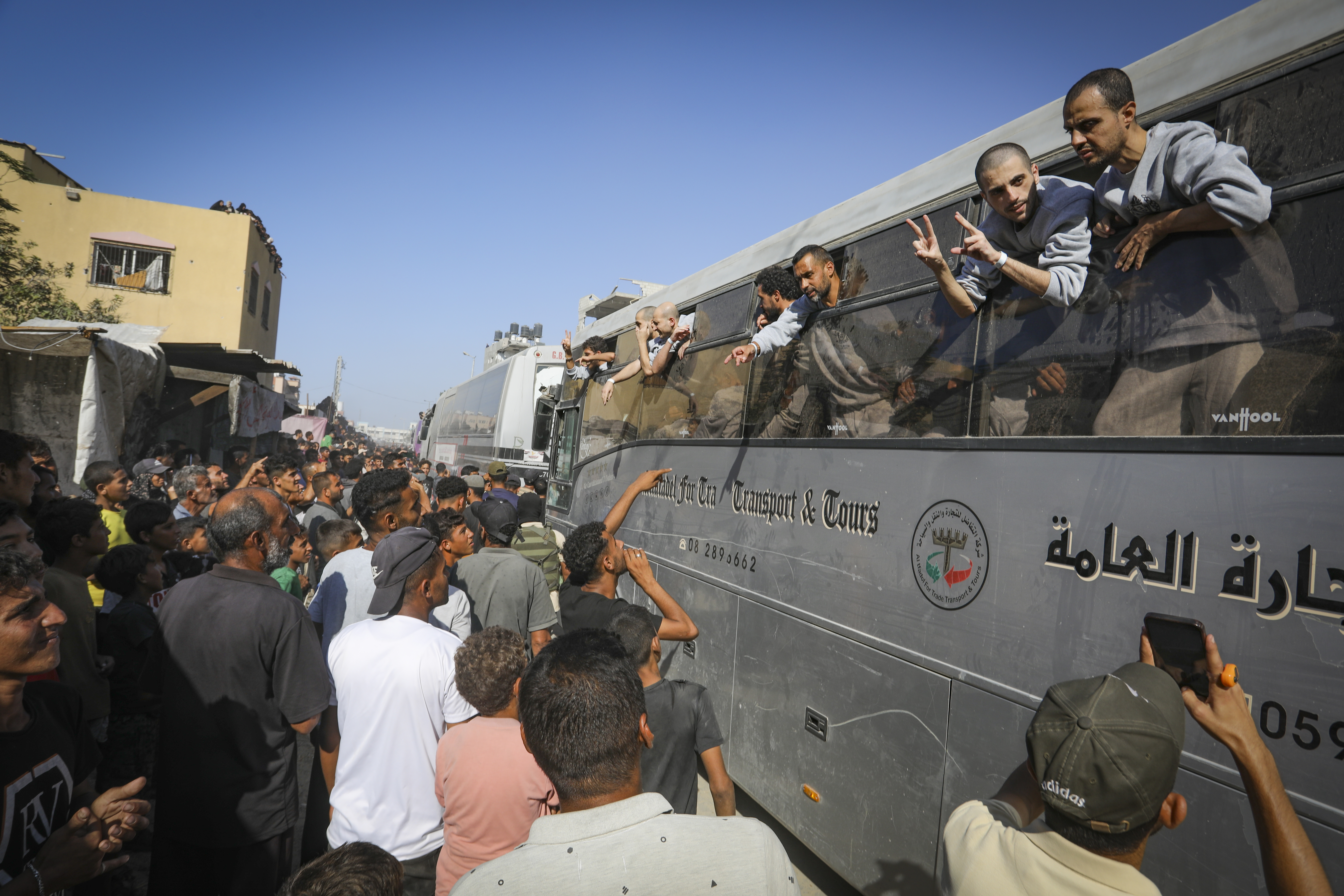 Palestinian prisoners arive in Khan Yunis, October 13th, 2025 [This is not the picture referred to below]