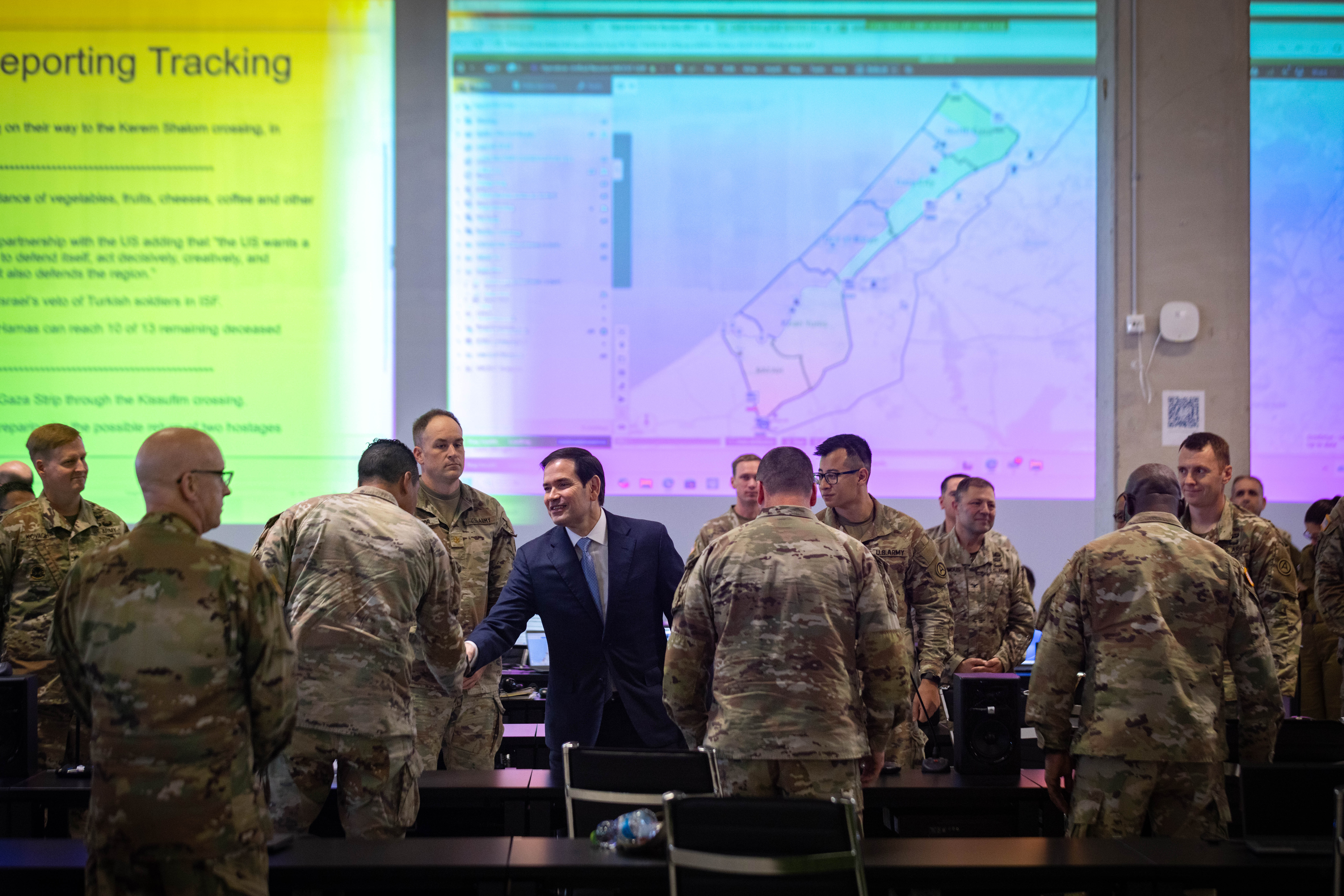 US Secretary of State Marco Rubio visit at a US military base in Kiryat Gat, on October 24, 2025. 