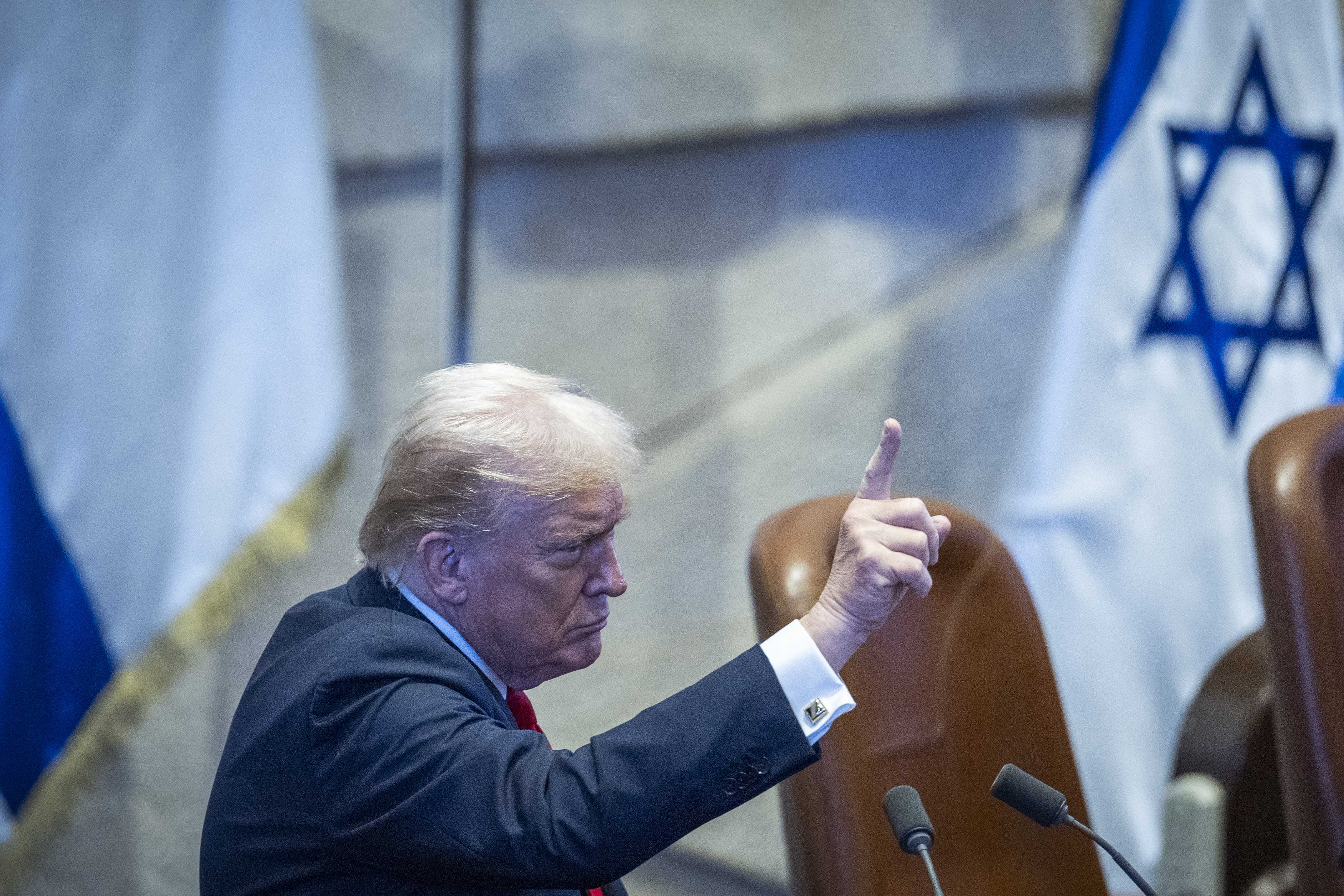 U.S. President Donald Trump speaks during a special plenum session held in his honor at the Knesset, Israel’s parliament in Jerusalem, on October 13, 2025.