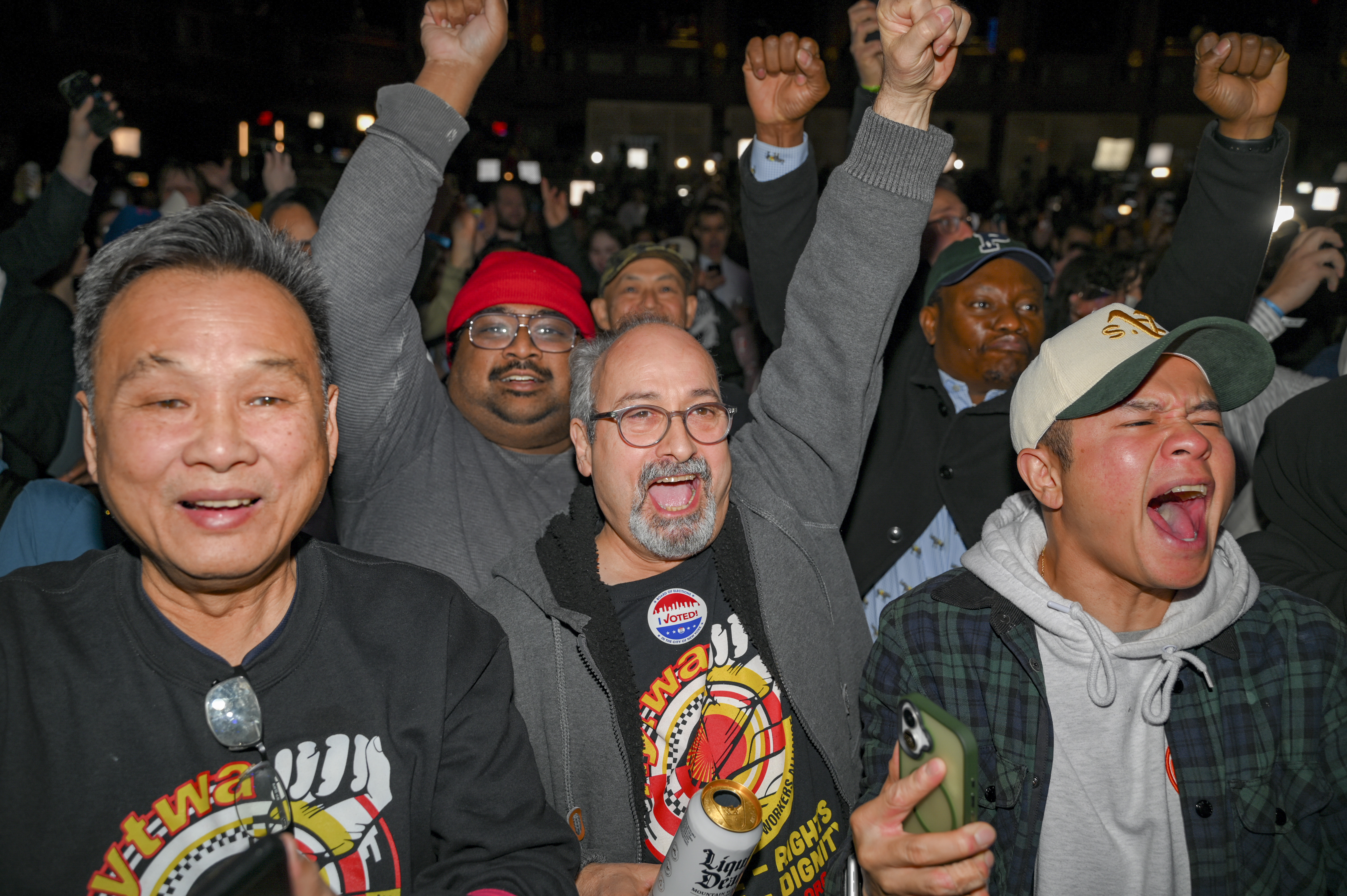 Supporters of newly elected New York City Mayor Zohran Mamdani celebrate his victory during a rally in Brooklyn, New York, U.S., November 4, 2025.