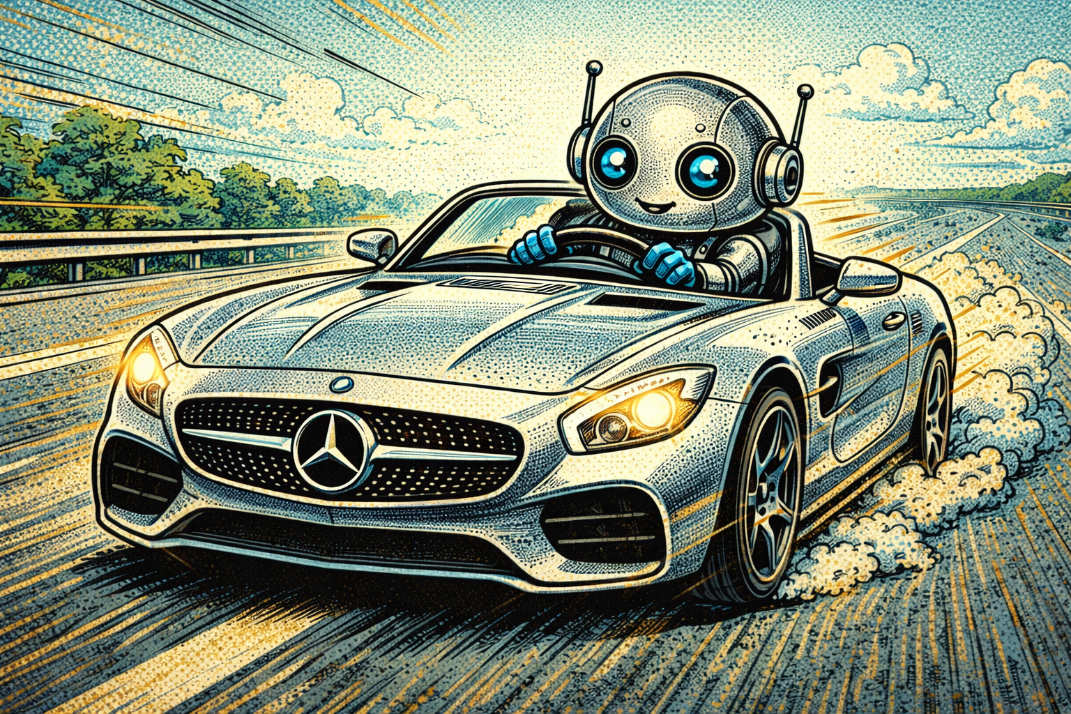 A robot driving a Mercedes. Illustration.