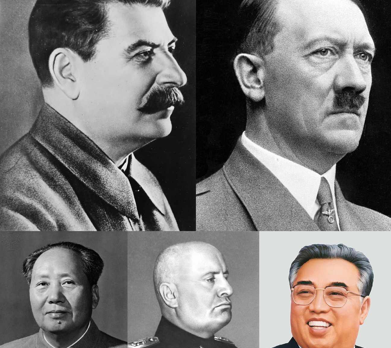 Collage of totalitarian leaders (each row - left to right) Joseph Stalin, Adolf Hitler, Mao Zedong, Benito Mussolini, and Kim Il-sung