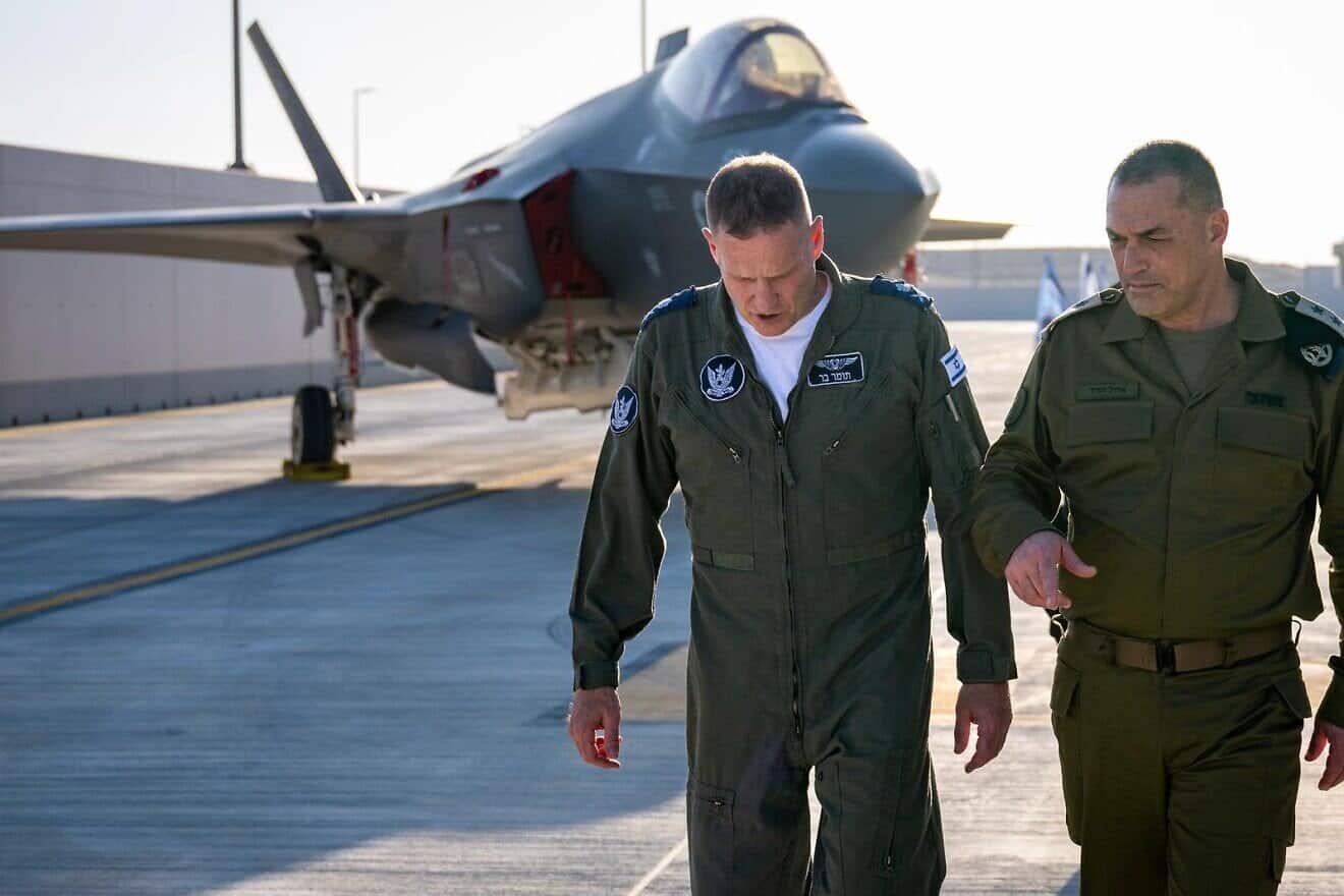 Israel Defense Forces Chief of Staff Lt. Gen. Eyal Zamir (right) with Israeli Air Force commander Maj. Gen. Tomer Bar at Nevatim Airbase near Beersheva on March 11, 2025. 