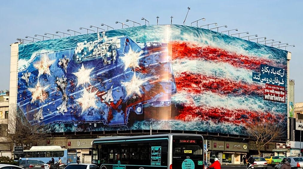 Iran's new mural showing Iranian attack on US carrier