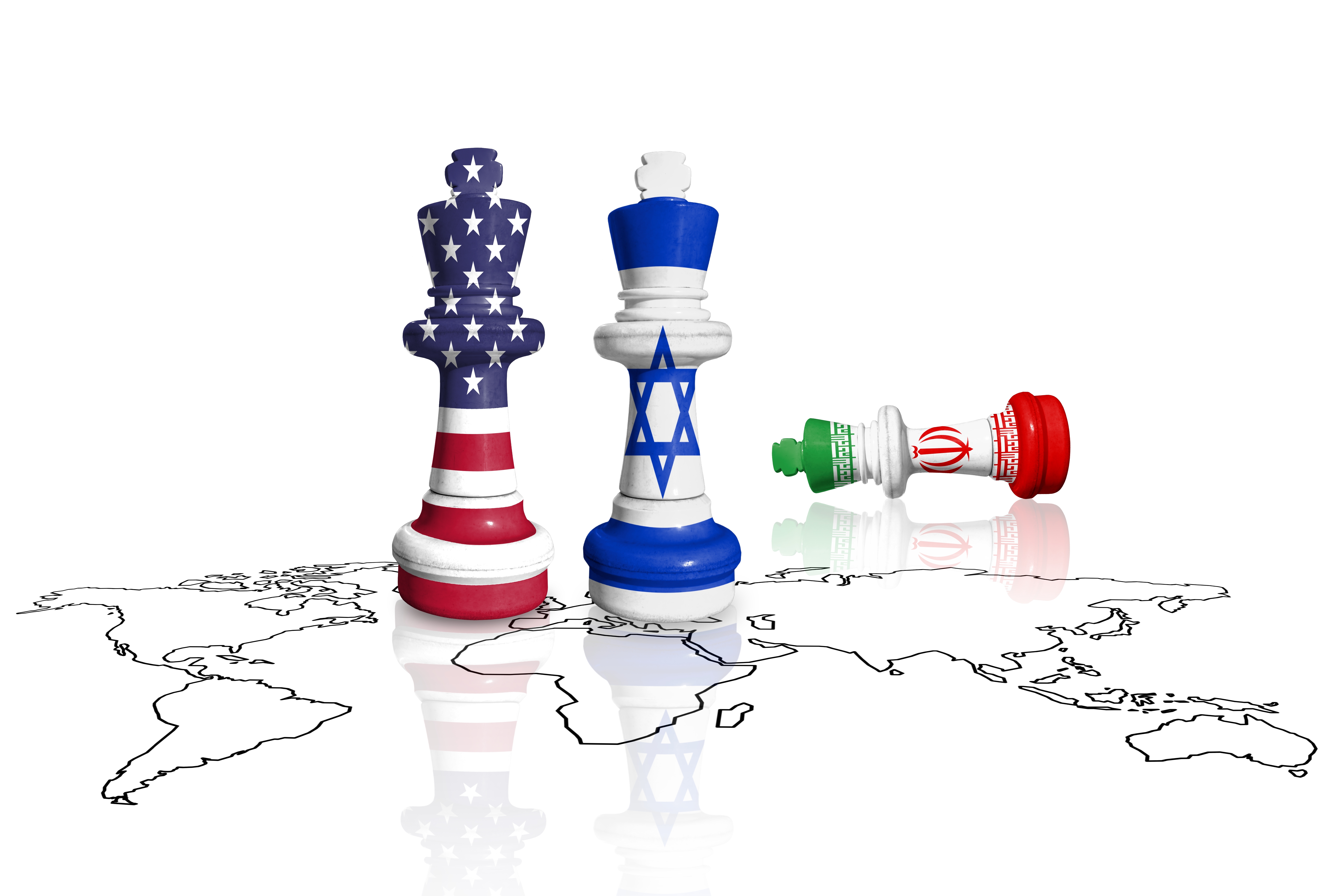 Chess made from USA, Israel and Iran flags on a white background