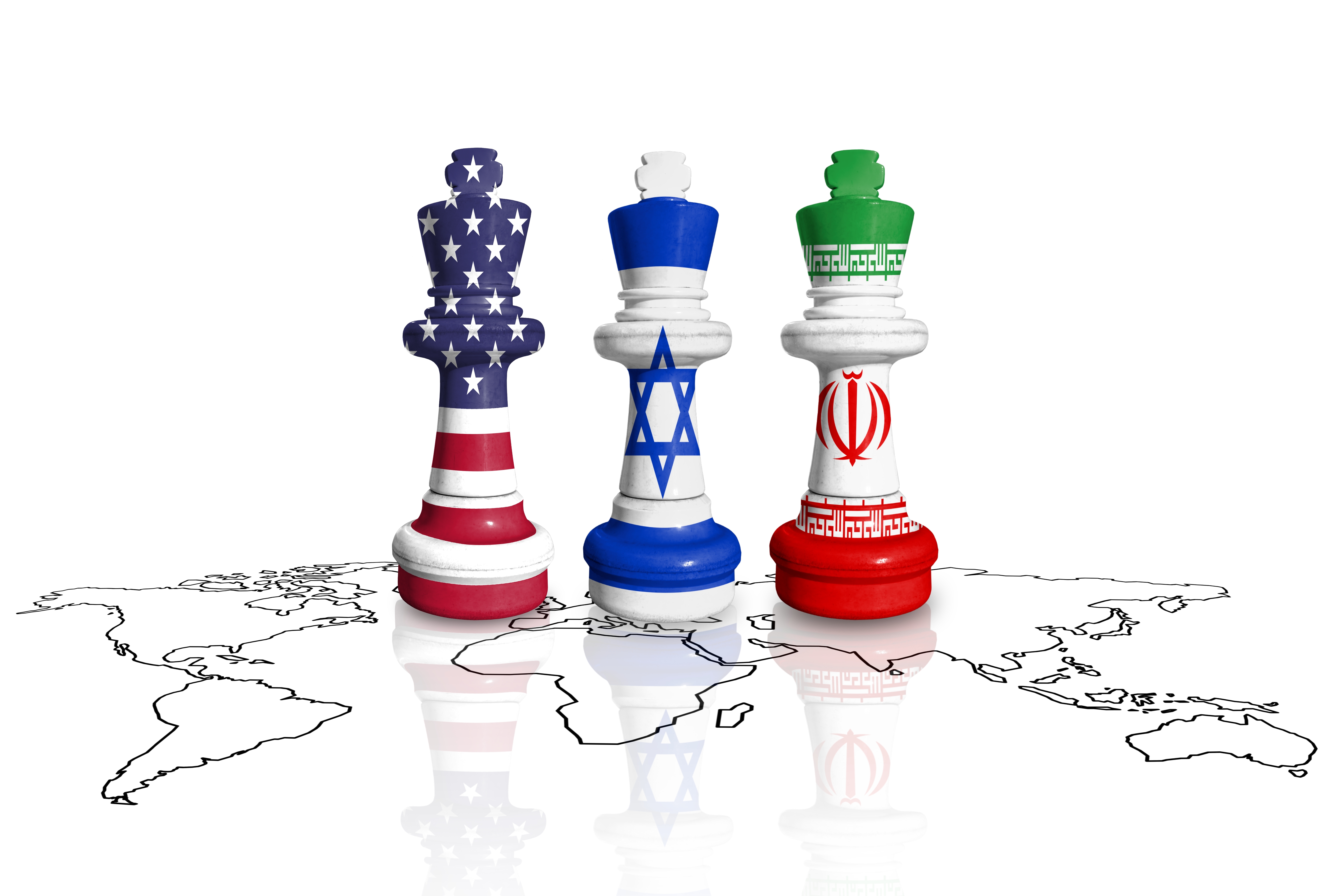 Chess pieces made of US, Israeli, Iranian flags