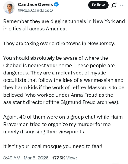 Candace Owens Goes Full Nutjob: Backs Tucker's Chabad Conspiracy, Claims 'Jews Tried to Murder Me' in Unhinged Rant