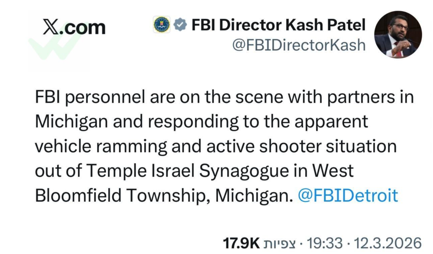 BREAKING: Active Shooter Reported at Temple Israel in West Bloomfield, Michigan