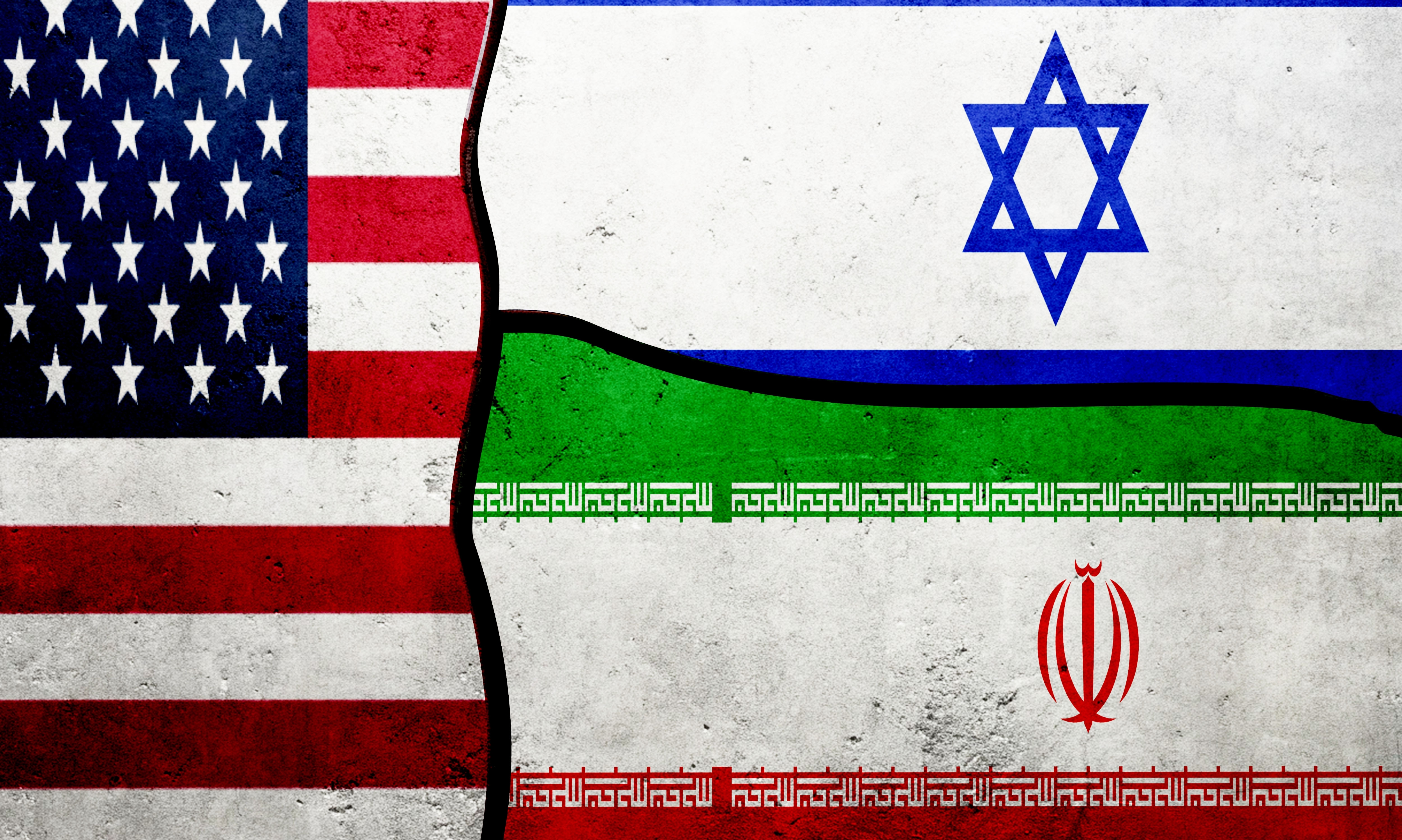 USA, Iran and Israeli flags