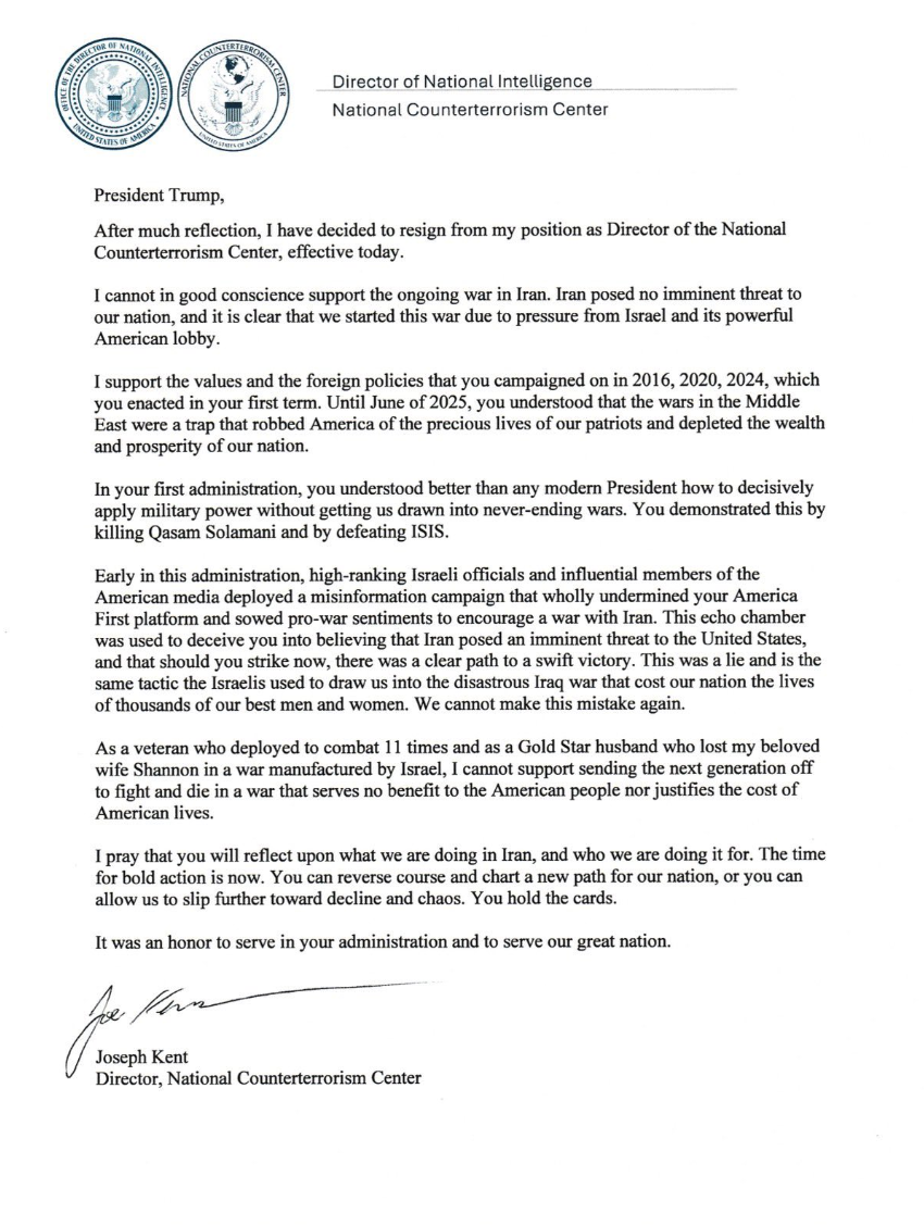 BREAKING: Counterterrorism Director Joe Kent Resigns in Protest Over U.S. War With Iran