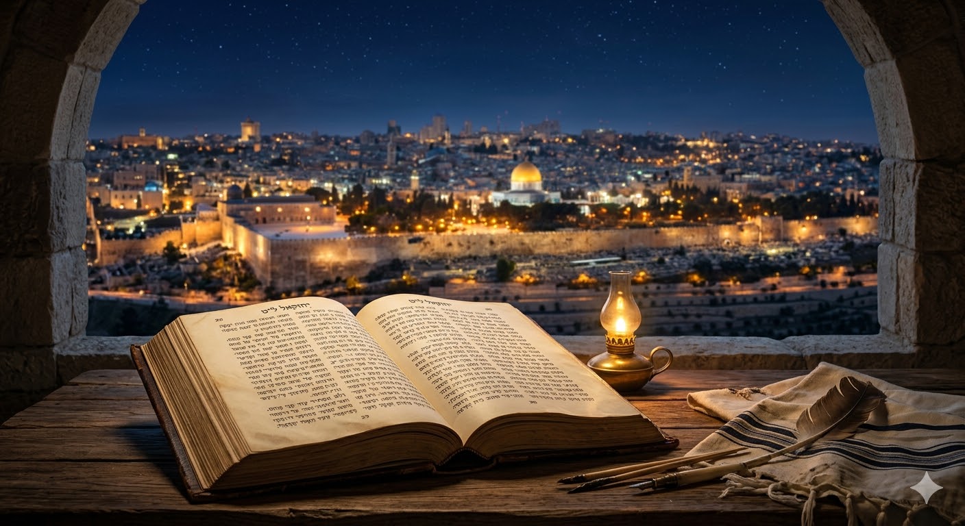 "An open Bible rests on a wooden table, overlooking the illuminated Old City of Jerusalem at night."