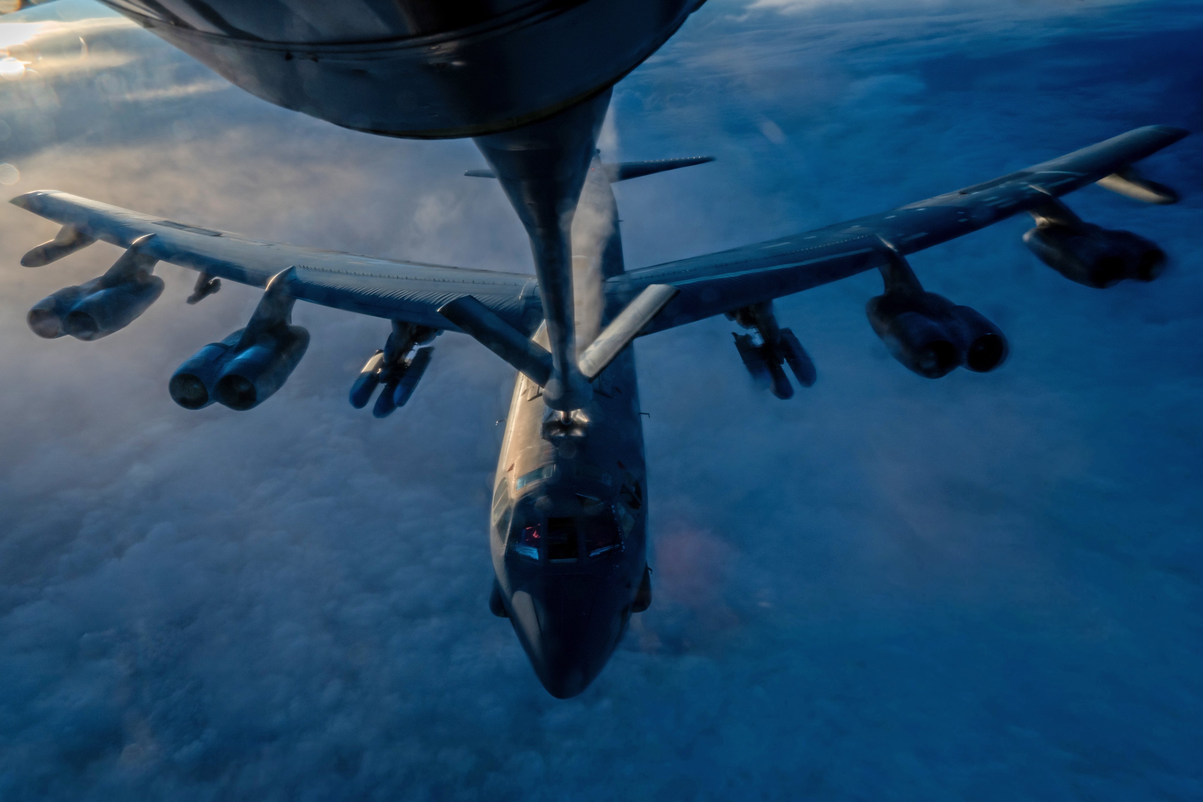 A B-52 Stratofortress gets refueled mid-air during a combat mission, March 20, in support of Operation Epic Fury.