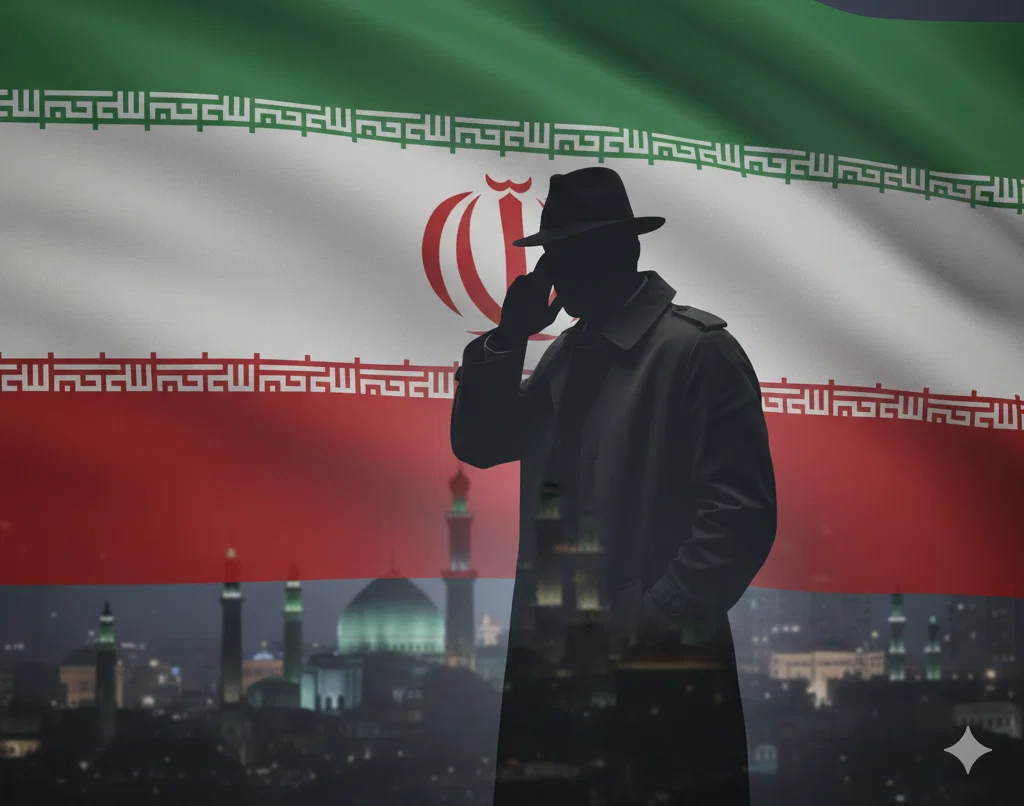 Spy against backdrop of Iranian flag