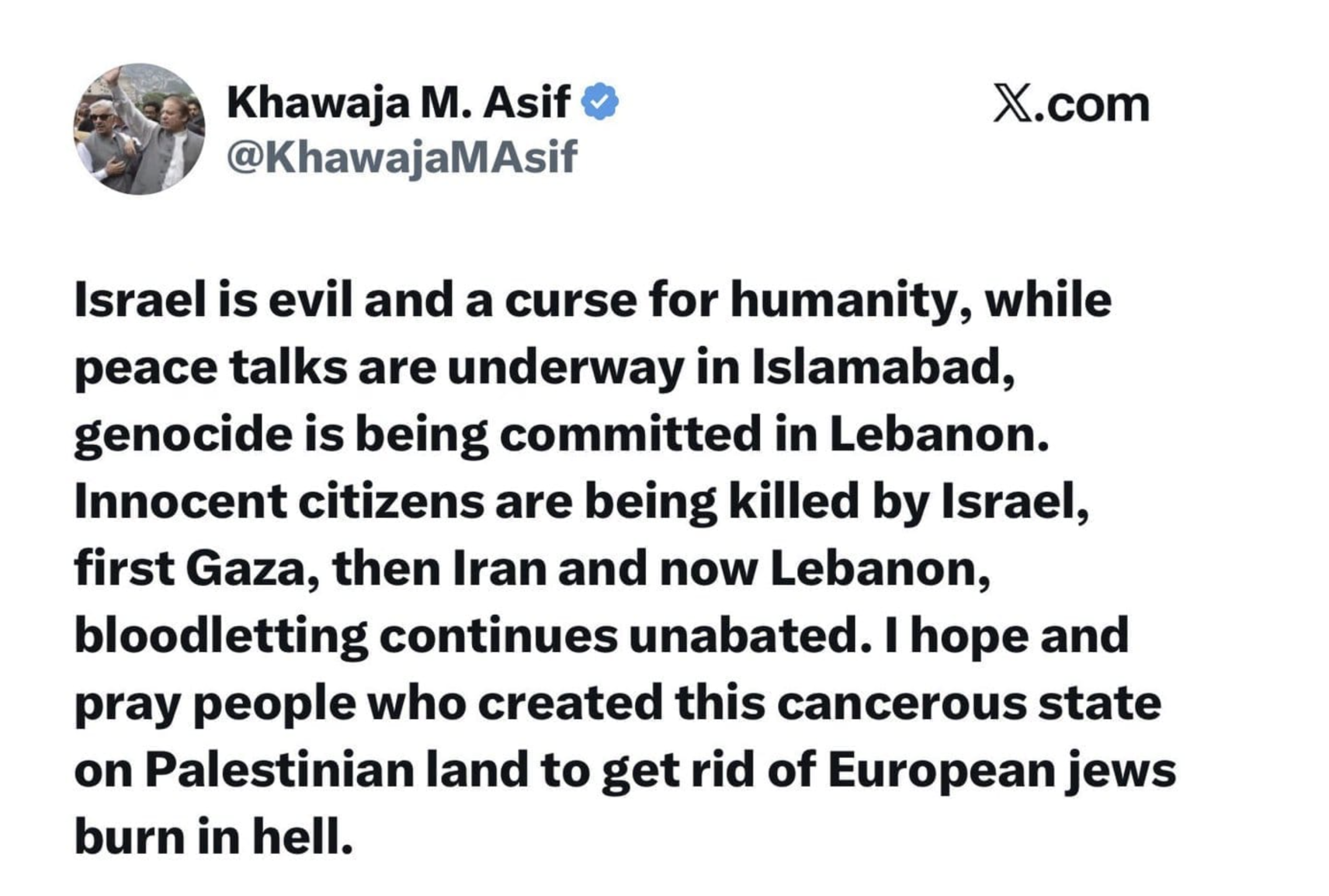 Pakistani Defense minister's hateful post