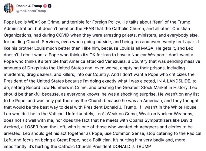 Trump Blasts Pope Leo: "He's Only Pope Because I Am President"