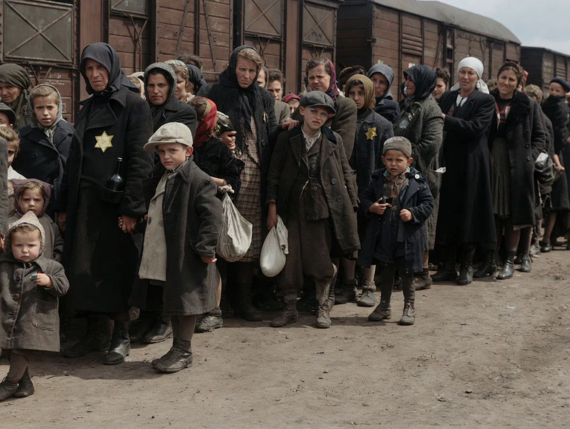 Outside the cattle trains which carried Jews to the concentration camp