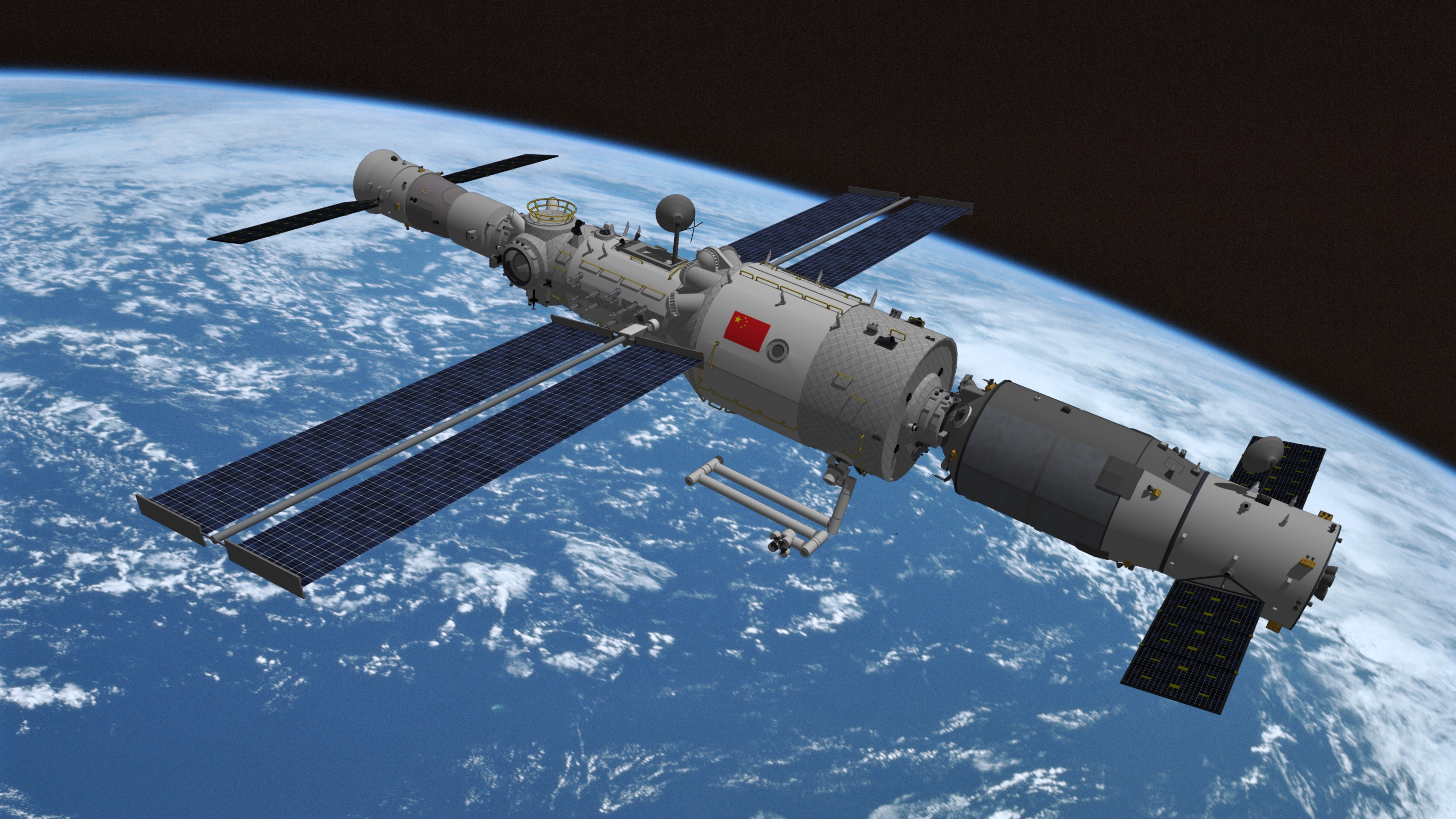 Wenchang, Hainan province, China - 18th June 2021: 3D rendering of manned spacecraft Shenzhou 12 docked with Tianhe - the Core Module of China's Space Station.