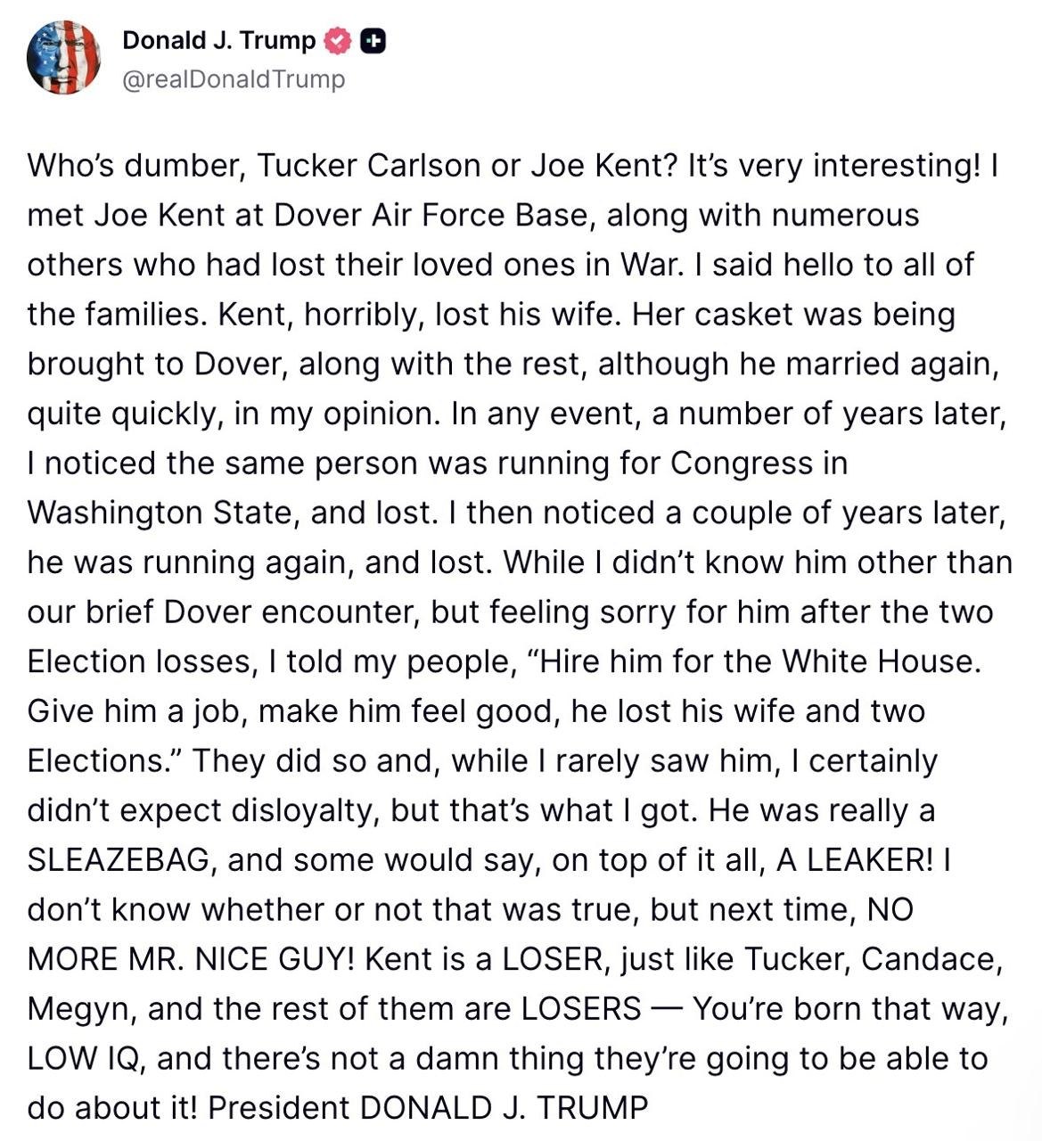 President Trump Fires Back at Disloyal Turncoats: “Who’s Dumber, Tucker Carlson or Joe Kent?”