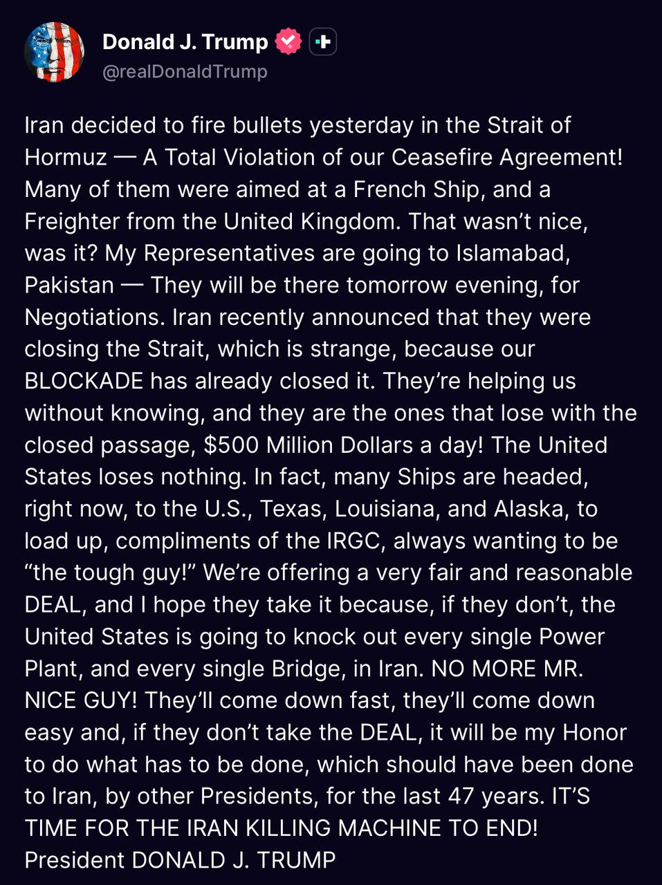 Trump Issues Blistering Ultimatum to Iran: "The Killing Machine Must End"