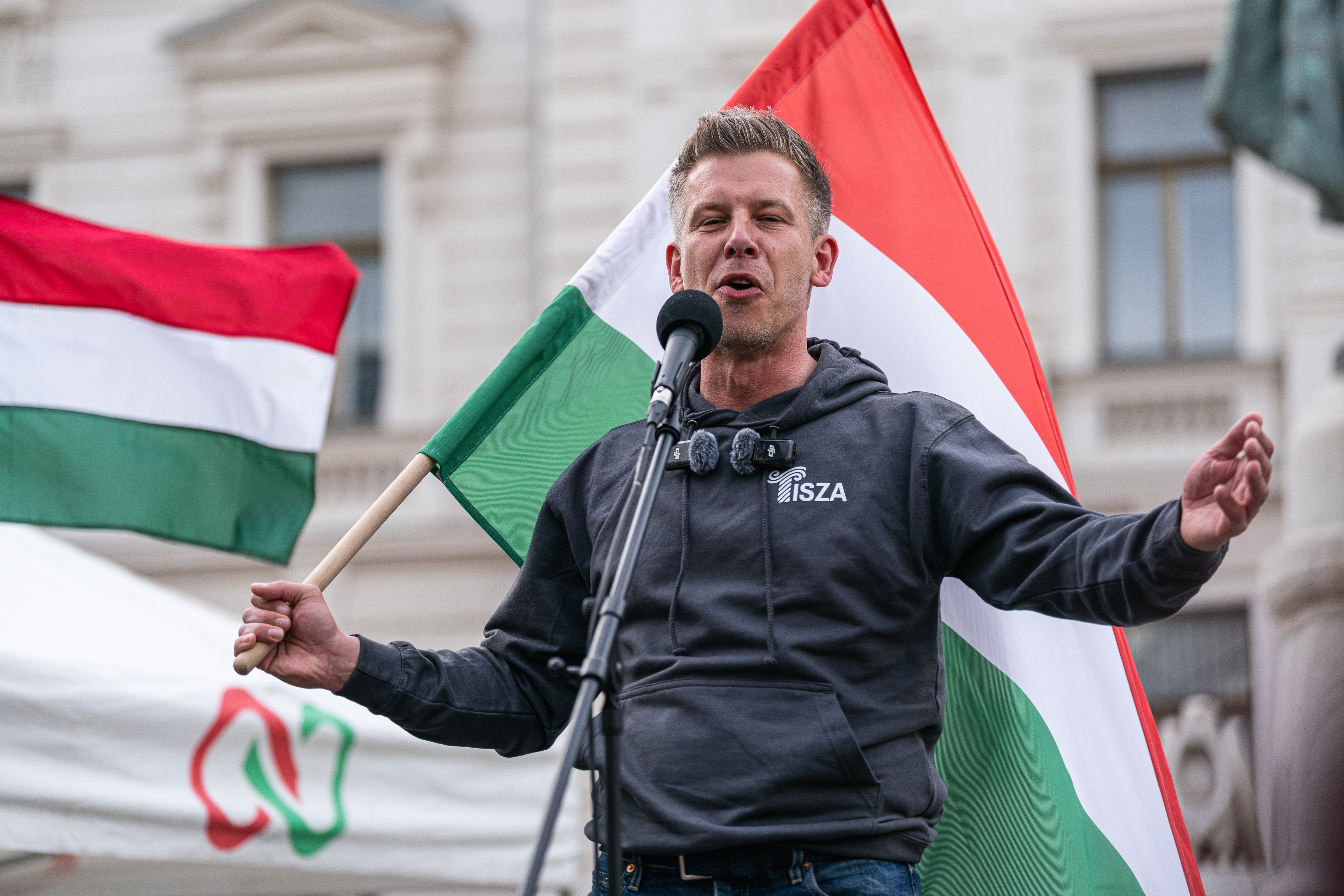 Pecs, Hungary - Apr 11, 2025: Hungarian Prime Minister-elect Peter Magyar, then leader of the Hungarian opposition, and Tisza party giving a speech.