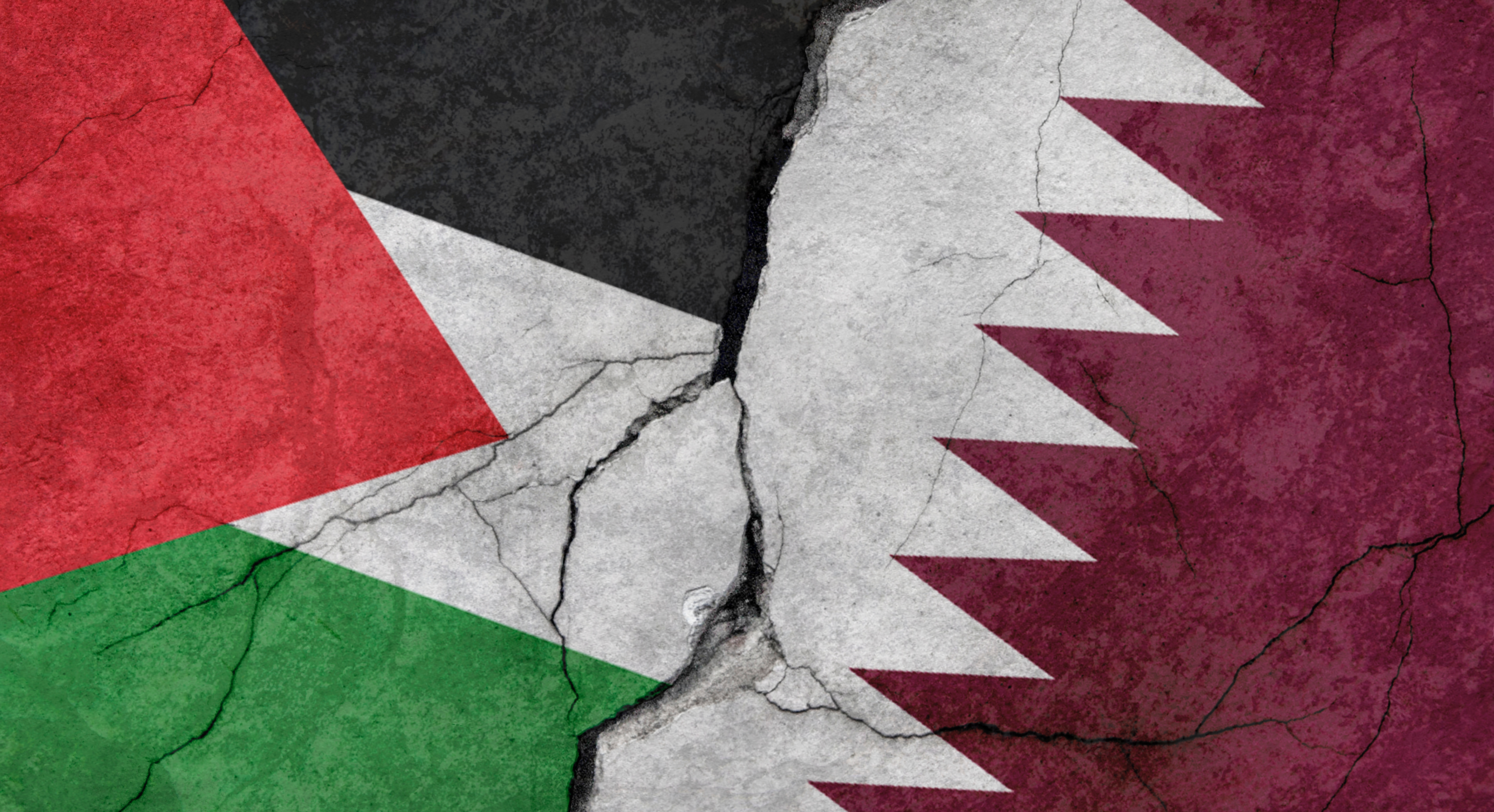 Palestine and Qatar flags, concrete wall texture with cracks
