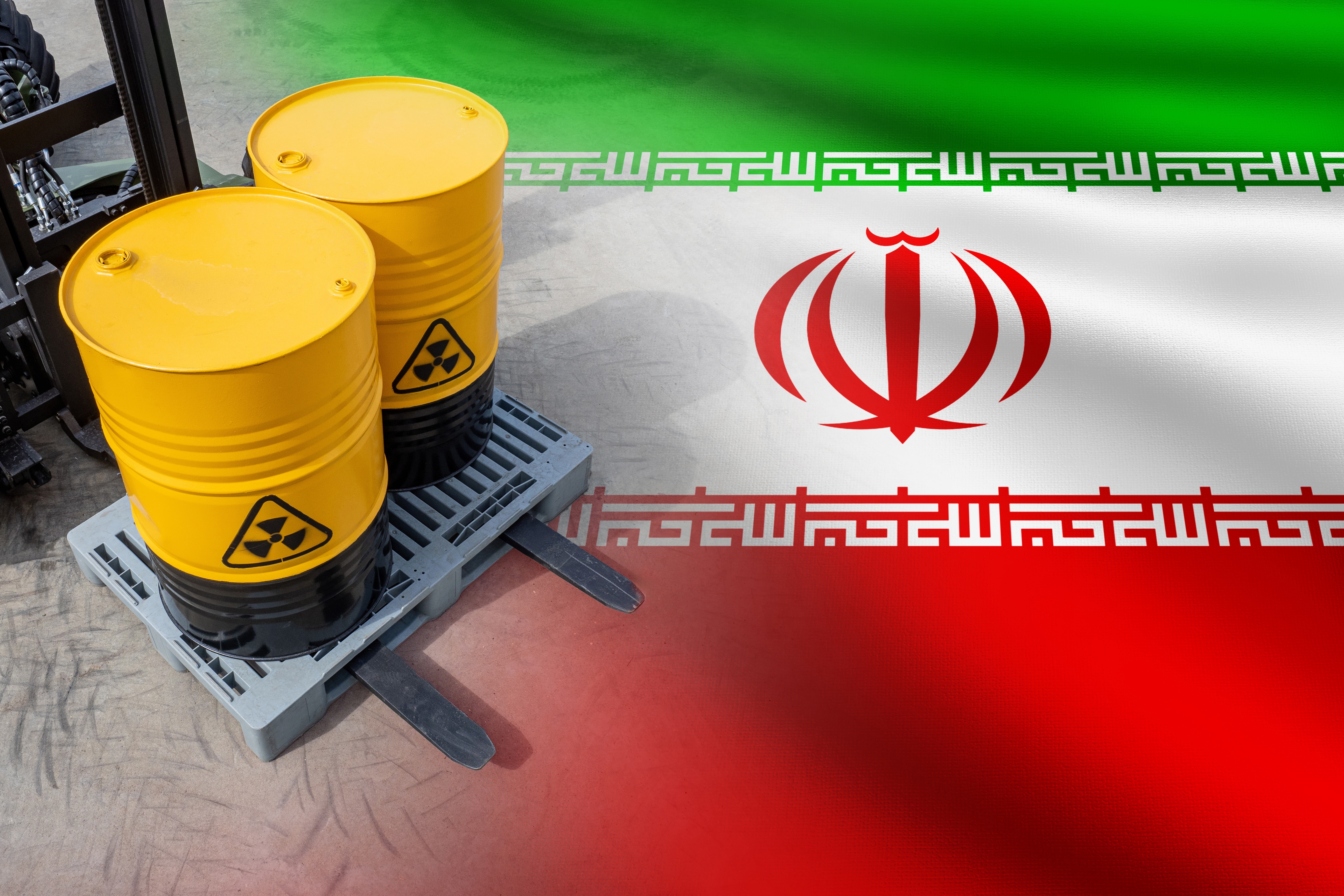 Barrels with radioactive fuel, Iranian flag