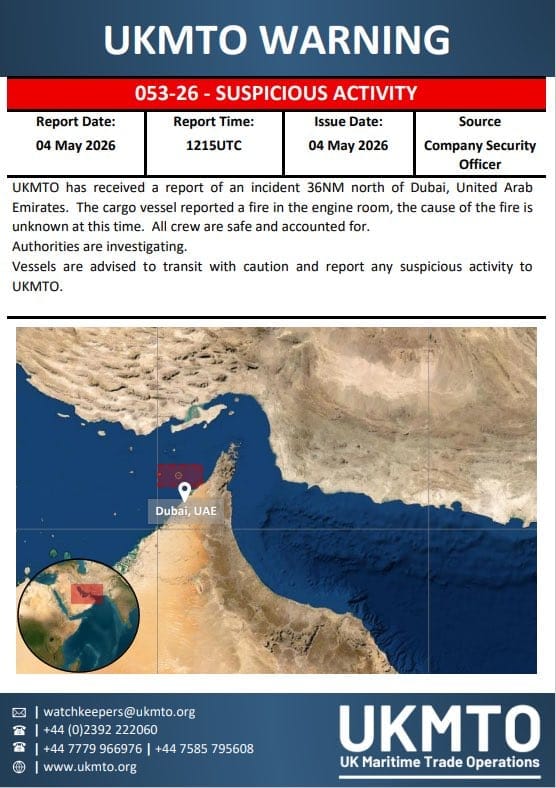 BREAKING: Cargo Ship on Fire Off UAE Coast – UKMTO Warns of Iranian Attacks