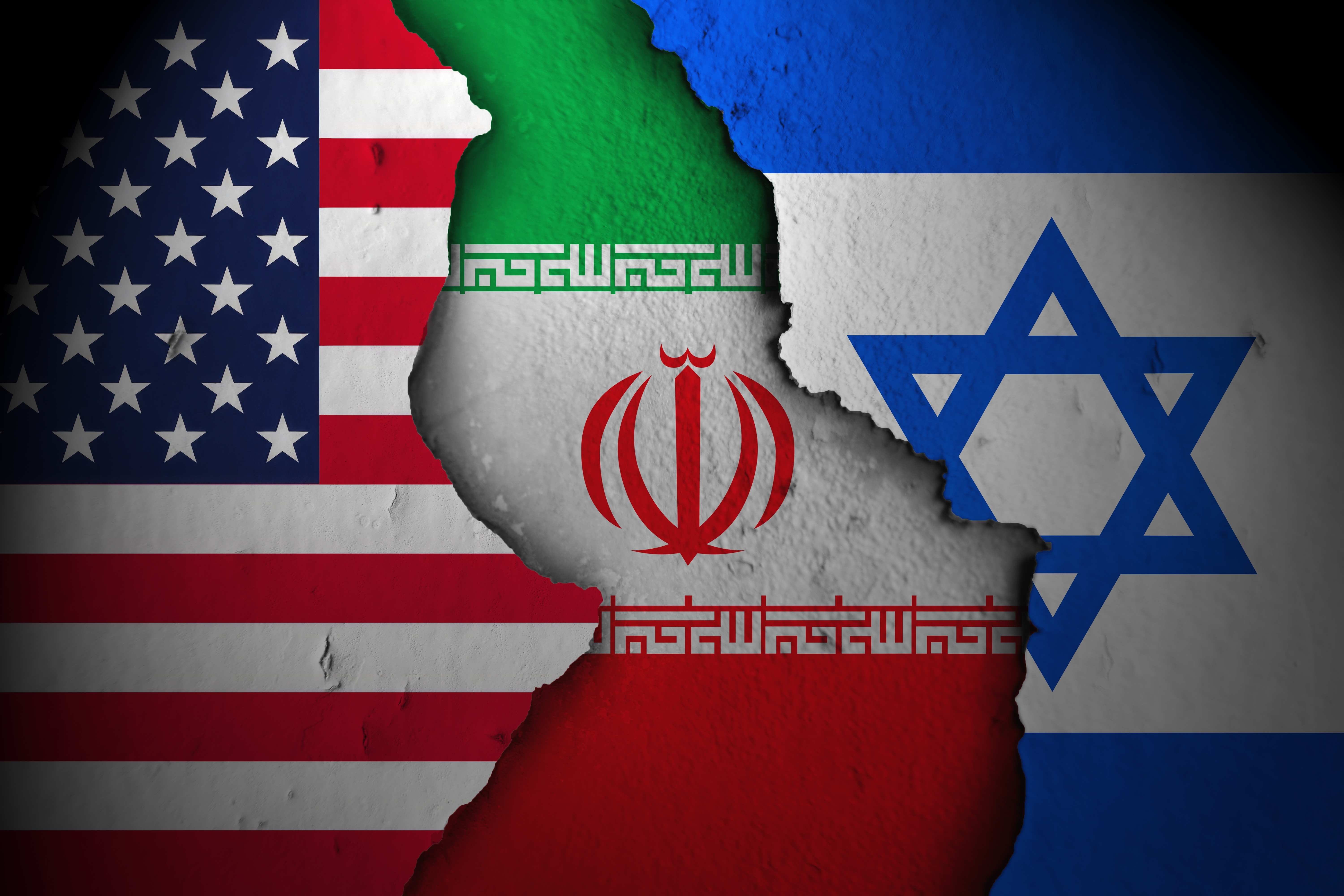USA, Iran, Israeli flags