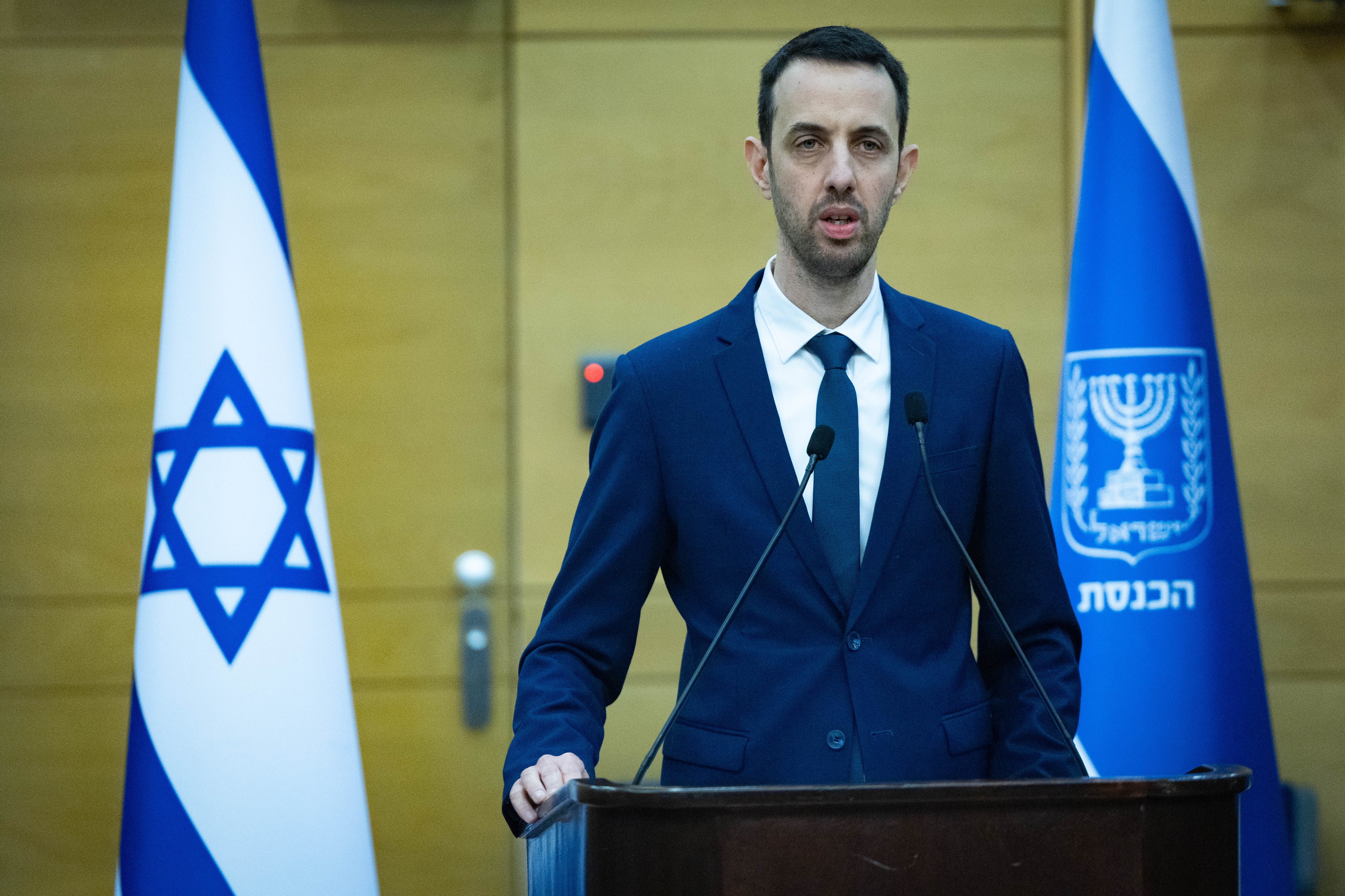 MK Ariel Kallner speaks during a press conference on the establishment of a government commission of inquiry into the events of October 7, at the Knesset, the Israeli parliament in Jerusalem, December 14, 2025.