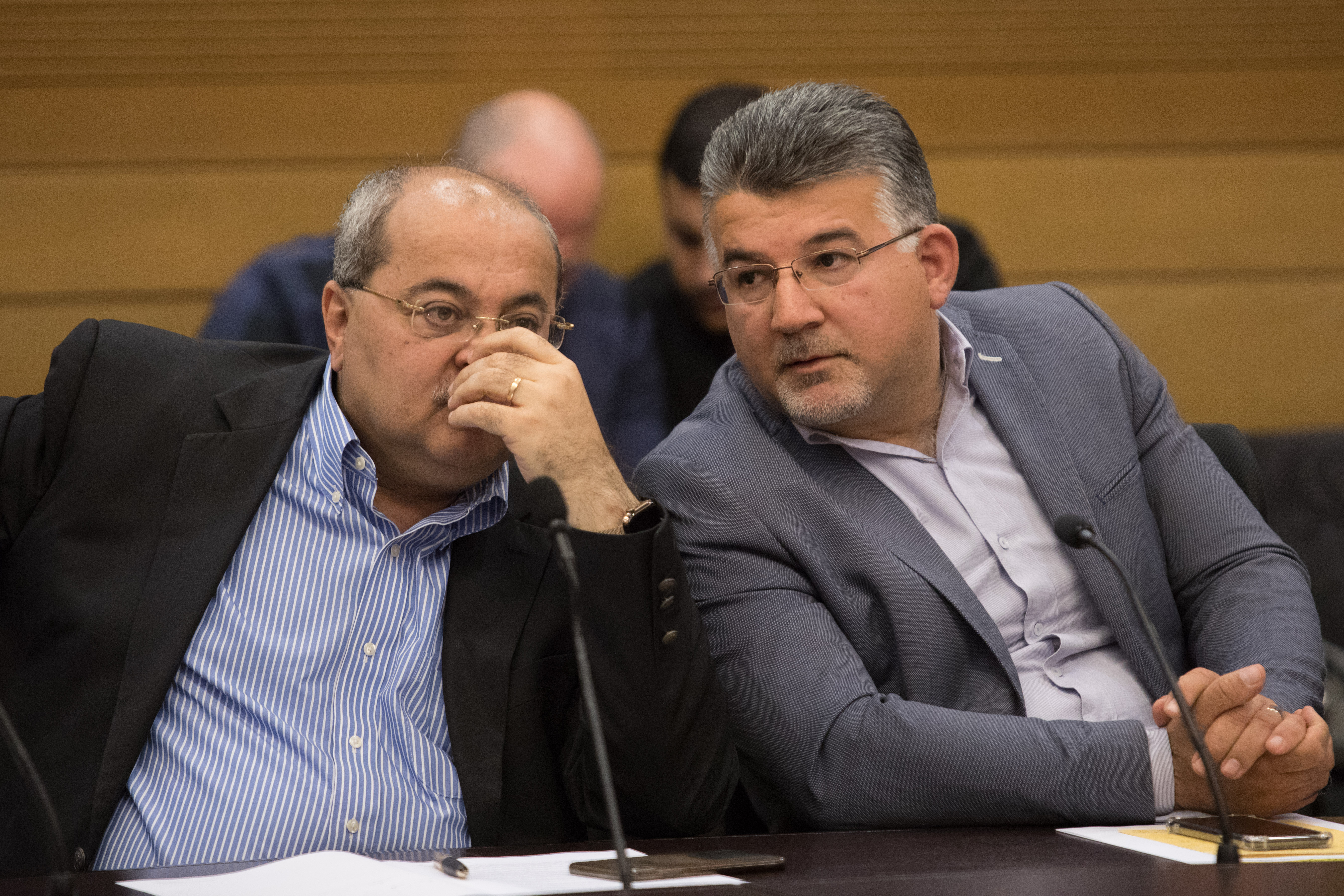 Knesset members Ahmad Tibi and Yousef Jabareen attend a committee session organised by the Joint List party at the Knesset, on November19, 2019.