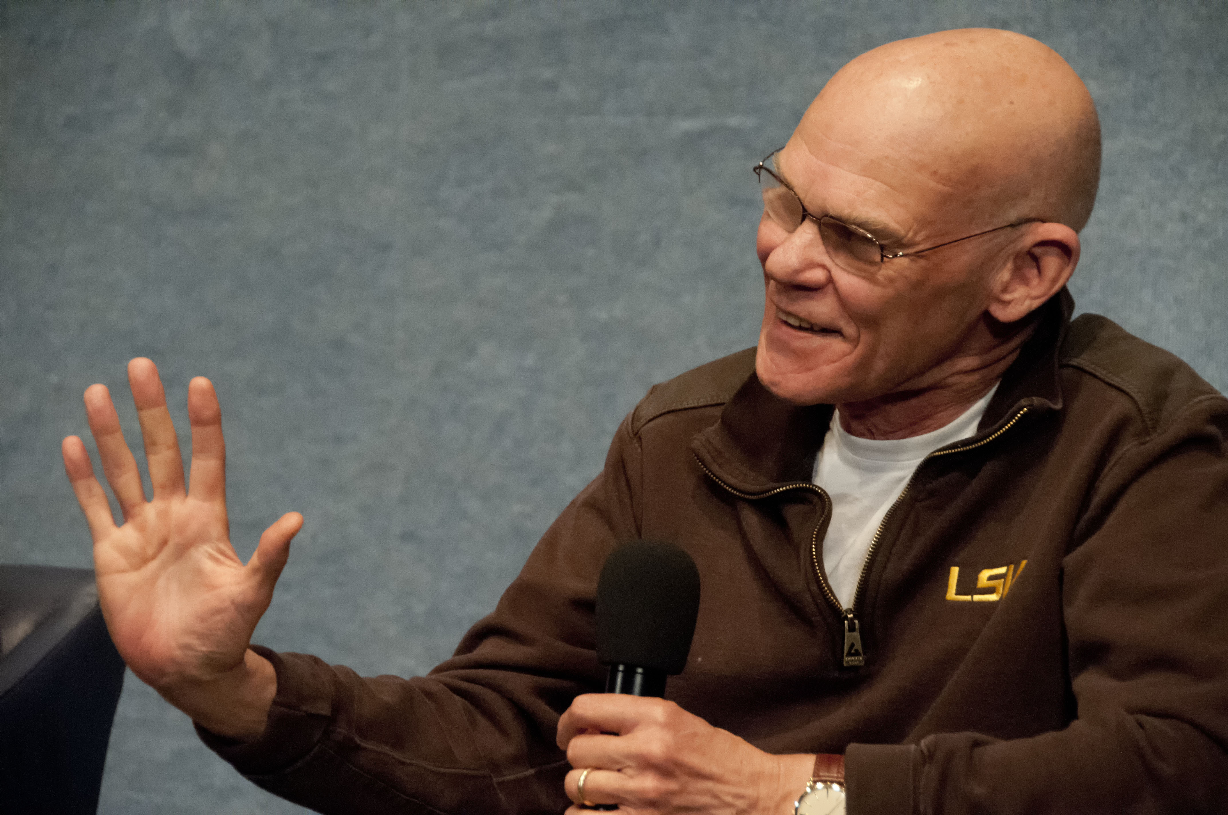 WASHINGTON, DC - JANUARY 11, 2014:  Democratic pundit and media personality James Carville speaks in a book talk at the National Press Club.