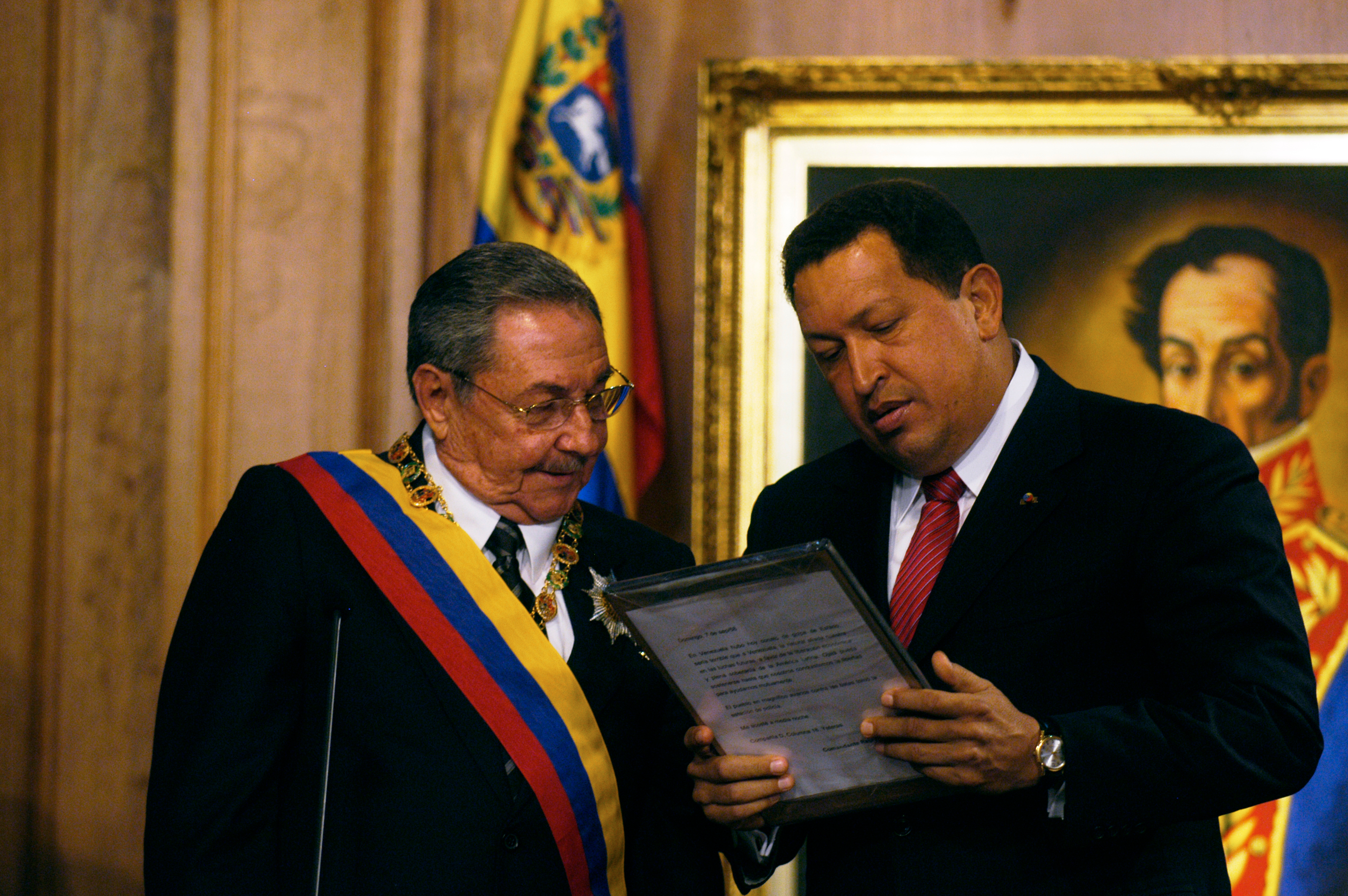 Caracas (Venezuela) December 13, 2008. The former presidents of Cuba, Raul Castro (L) and of Venezuela, Hugo Chavez (R) in Caracas on December 13, 2008.