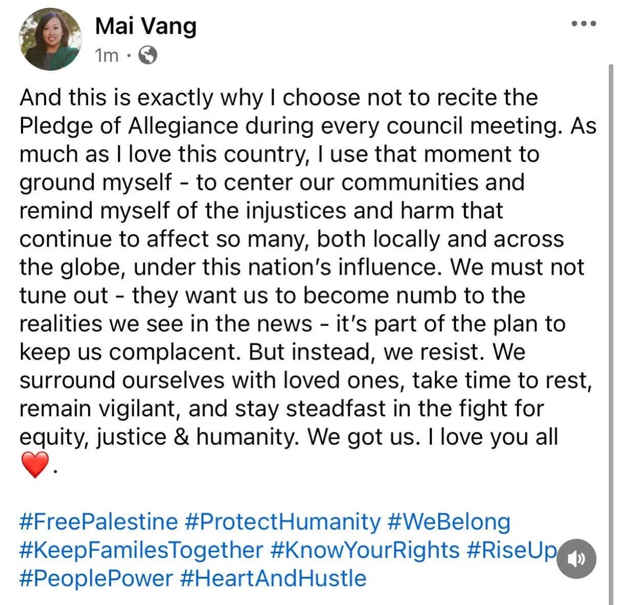 Vang's post about the Pledge of Allegiance.