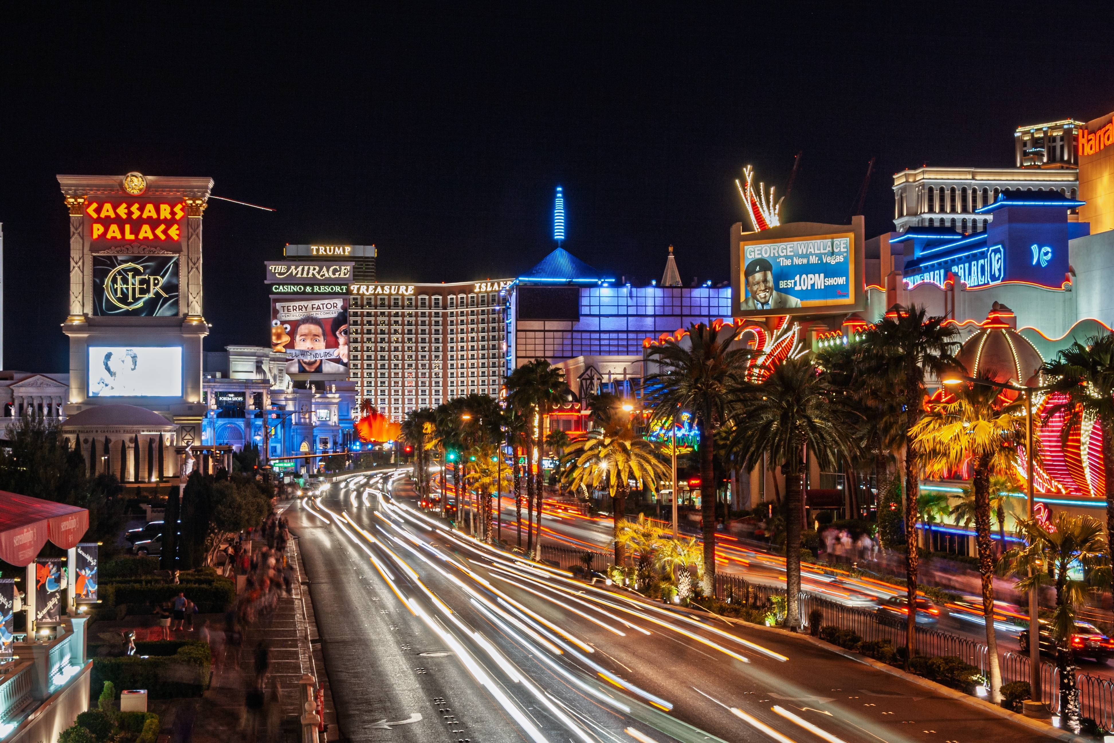 Long exposure photo of the Las Vegas strip at night.