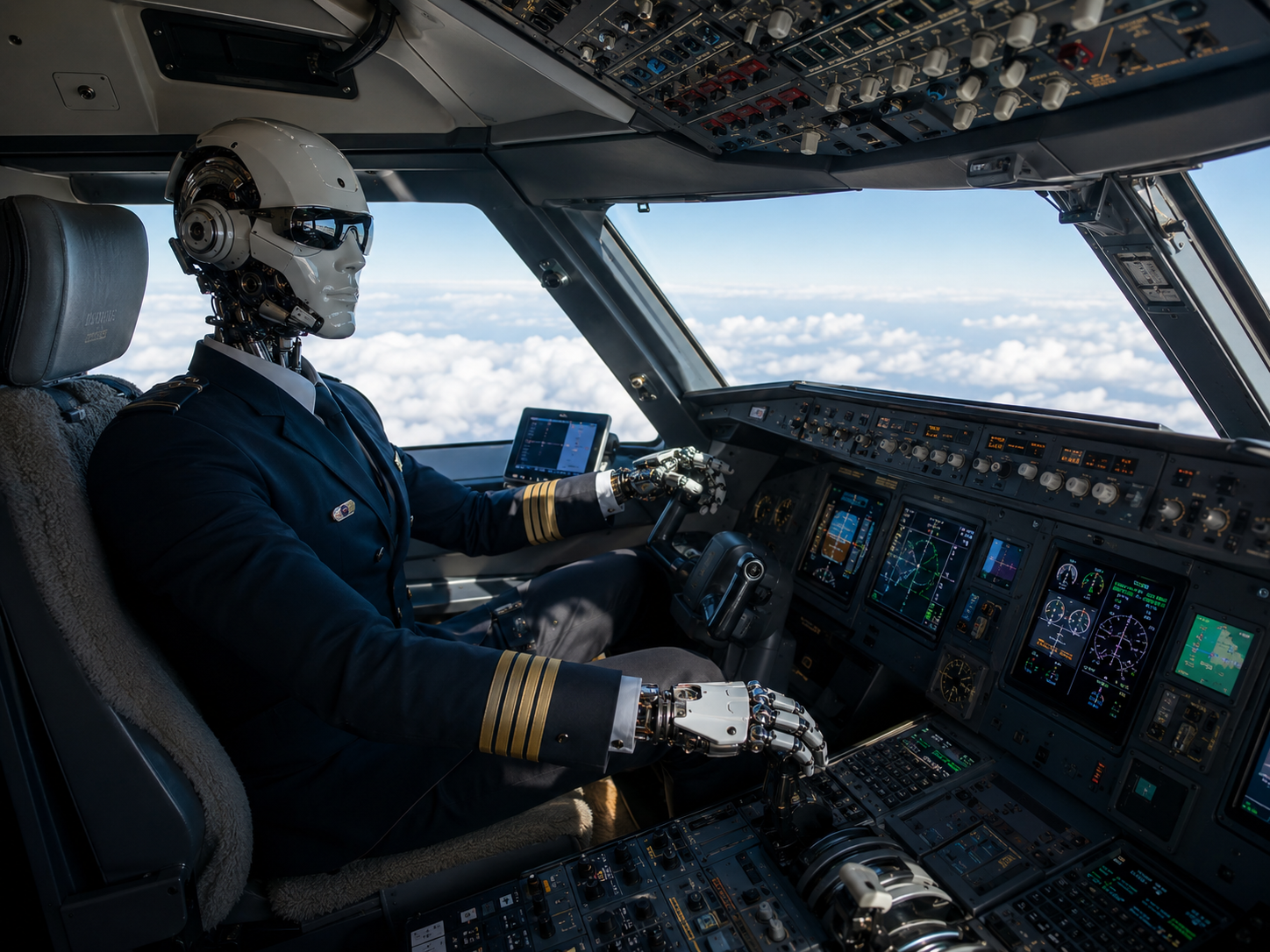 A robot pilot at the controls of a jet. Illustration.